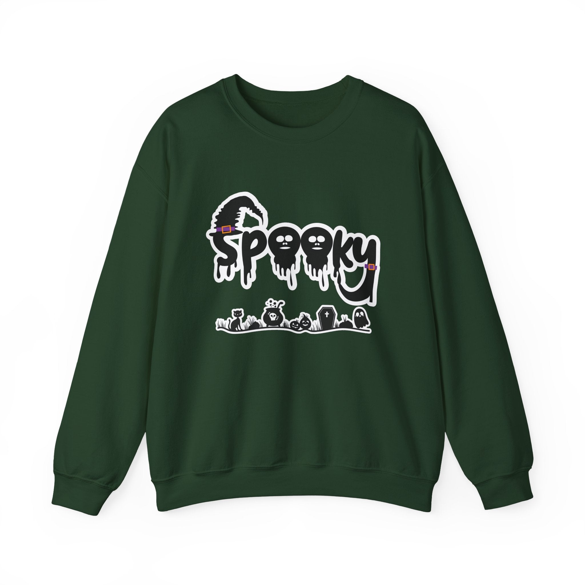 Forest green sweatshirt with 'Spooky' graphic design on a white background
