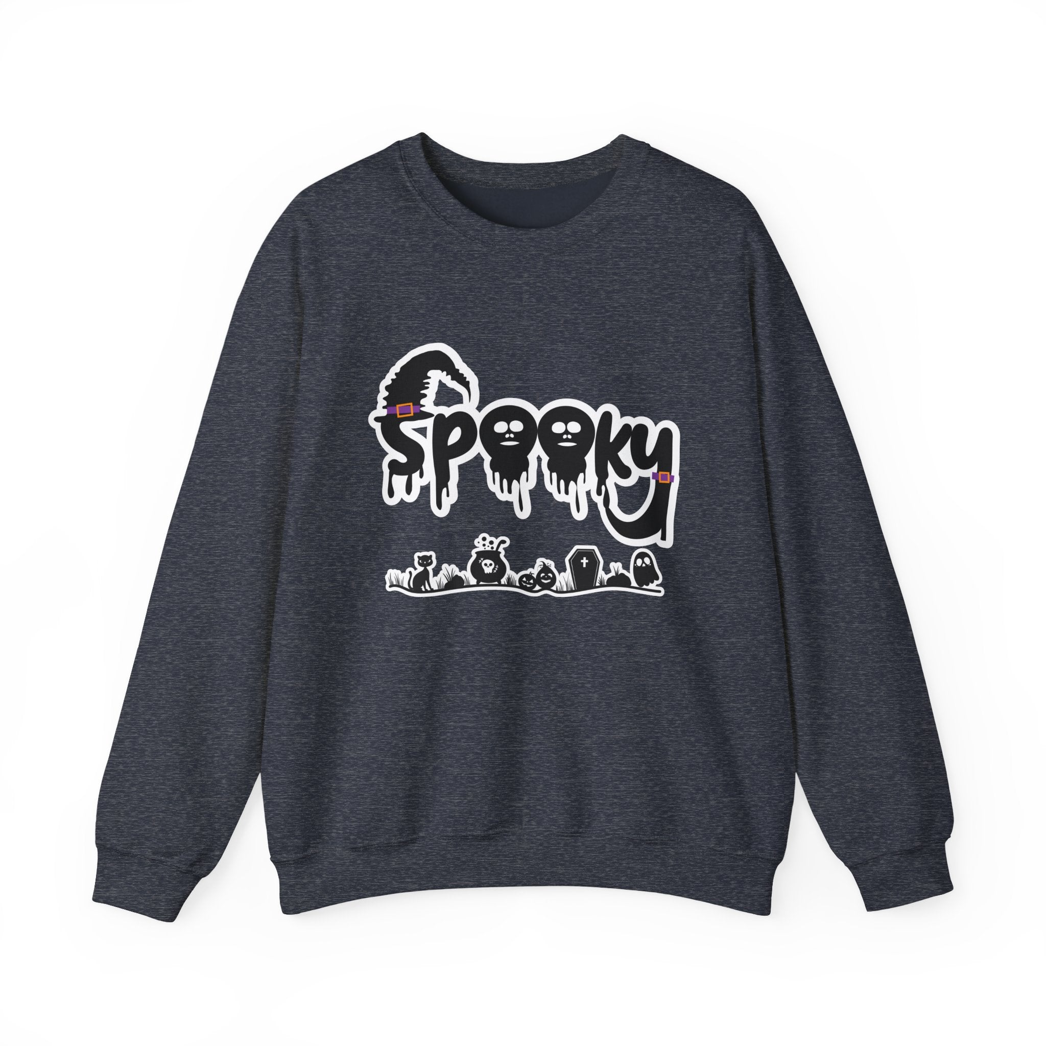 Heather sport dark navy gray sweatshirt with 'Spooky' graphic design on a white background