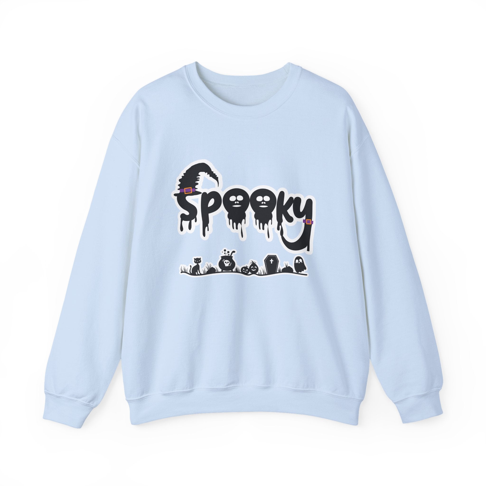 Light blue sweatshirt with 'Spooky' graphic design on a white background