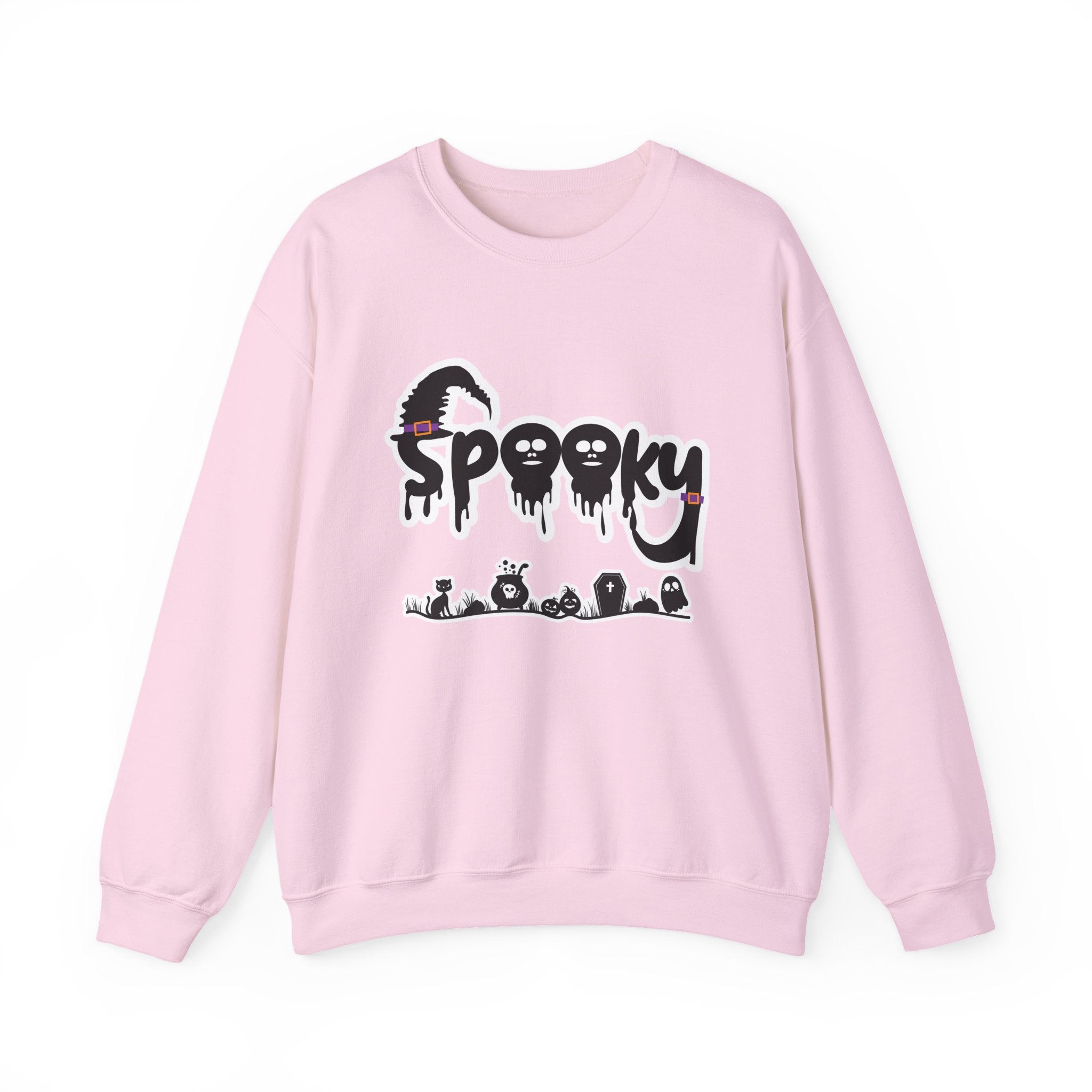 Pink sweatshirt with 'Spooky' graphic design on a white background