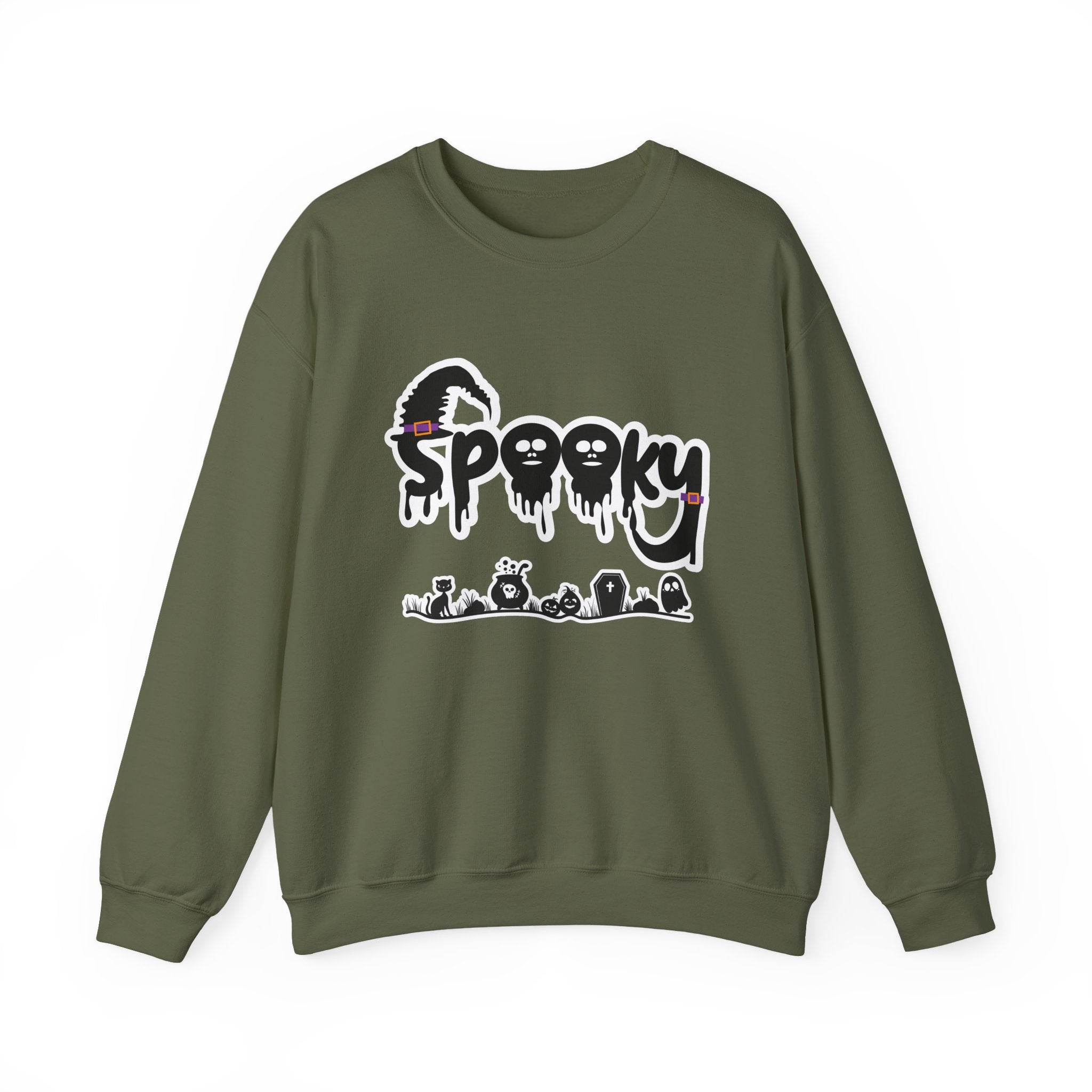 Military green sweatshirt with 'Spooky' graphic design on a white background