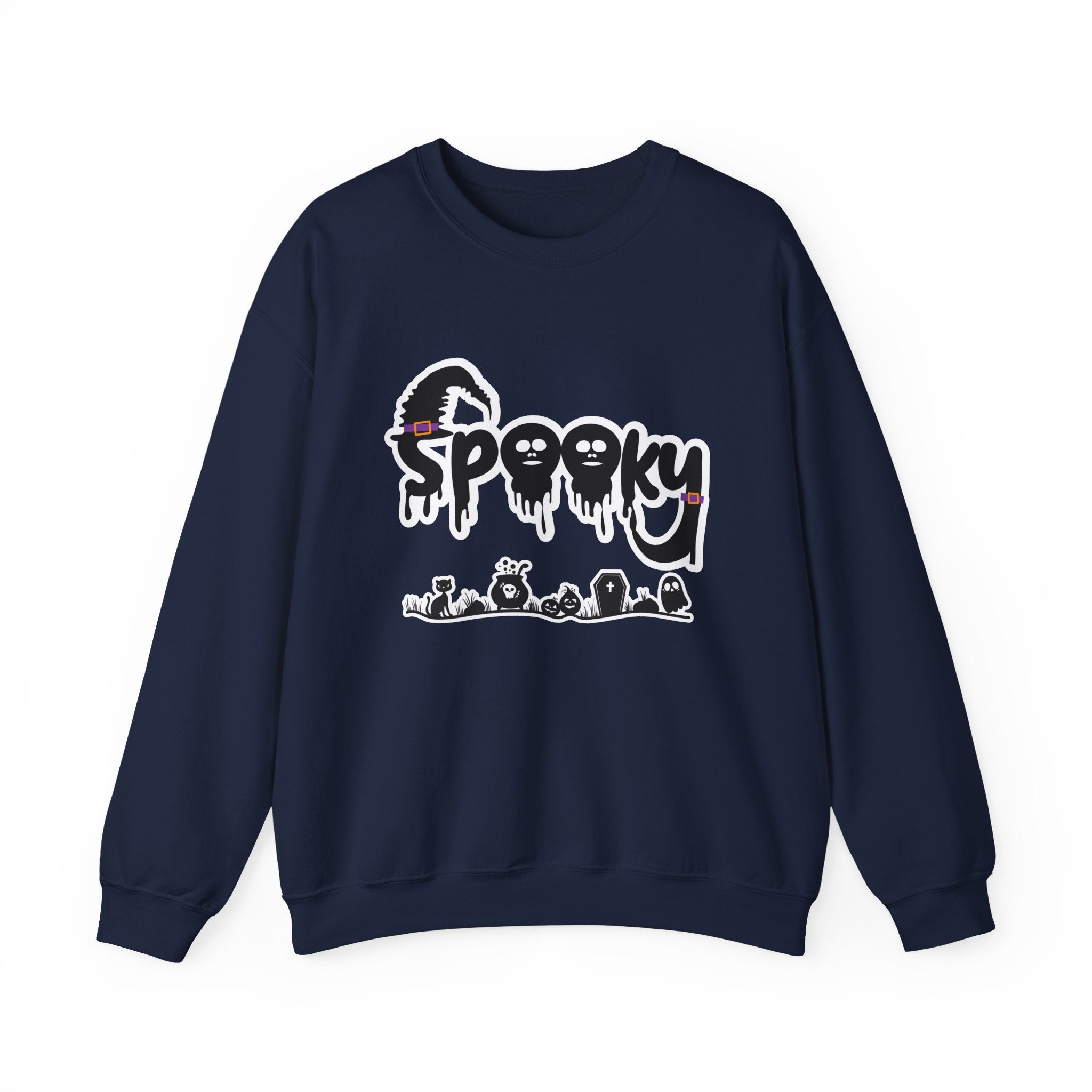 Navy blue sweatshirt with 'Spooky' graphic design on a white background