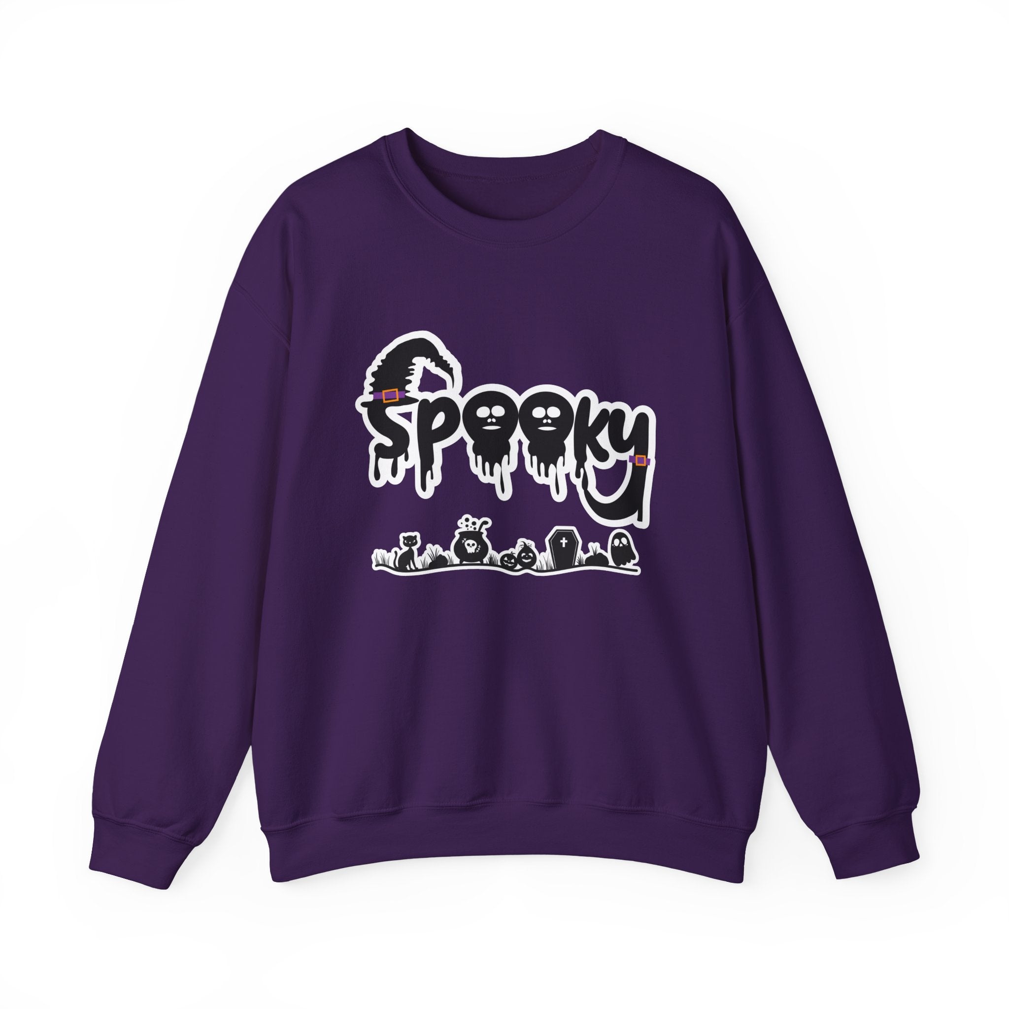 Purple sweatshirt with 'Spooky' graphic design on a white background