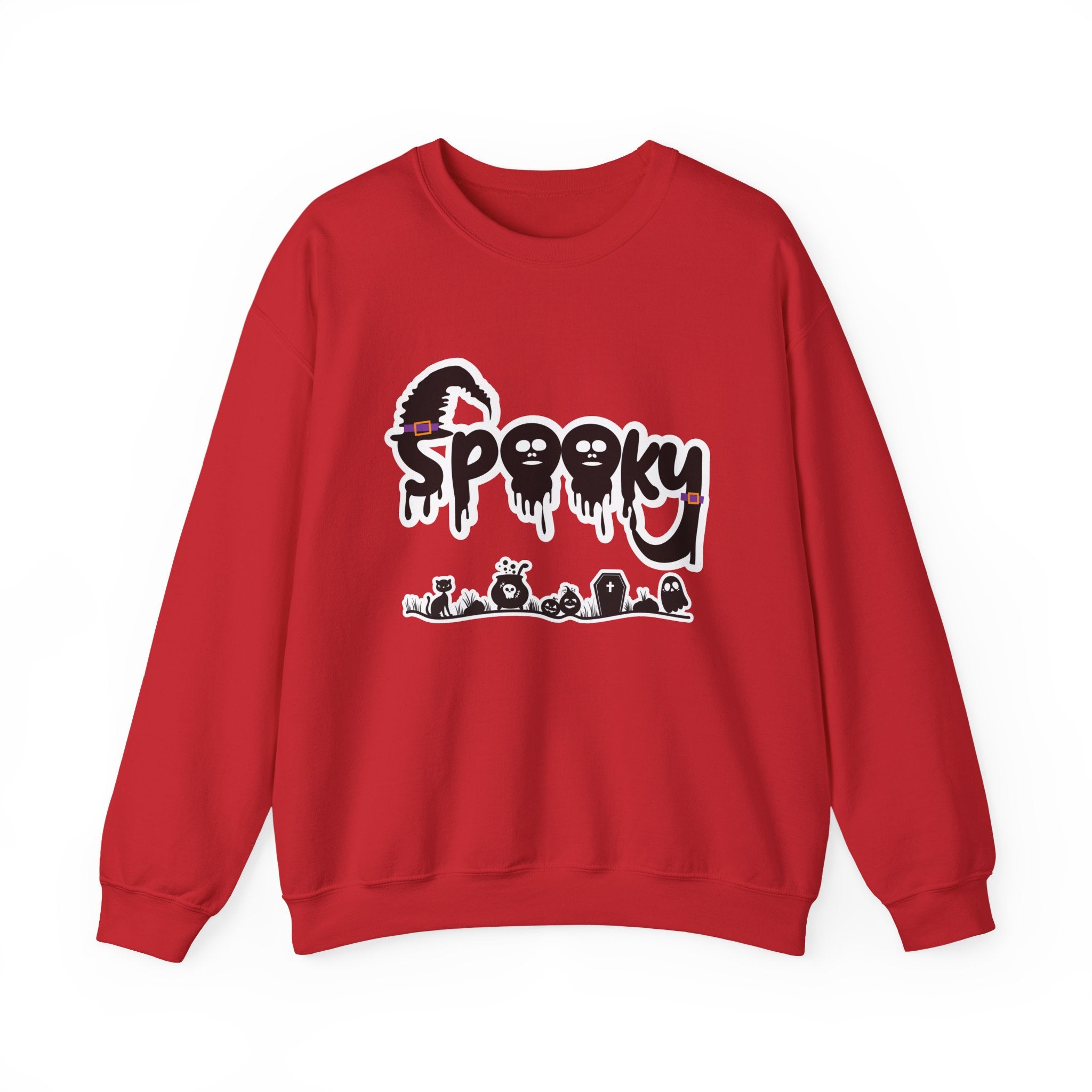 Red sweatshirt with 'Spooky' graphic design on a white background