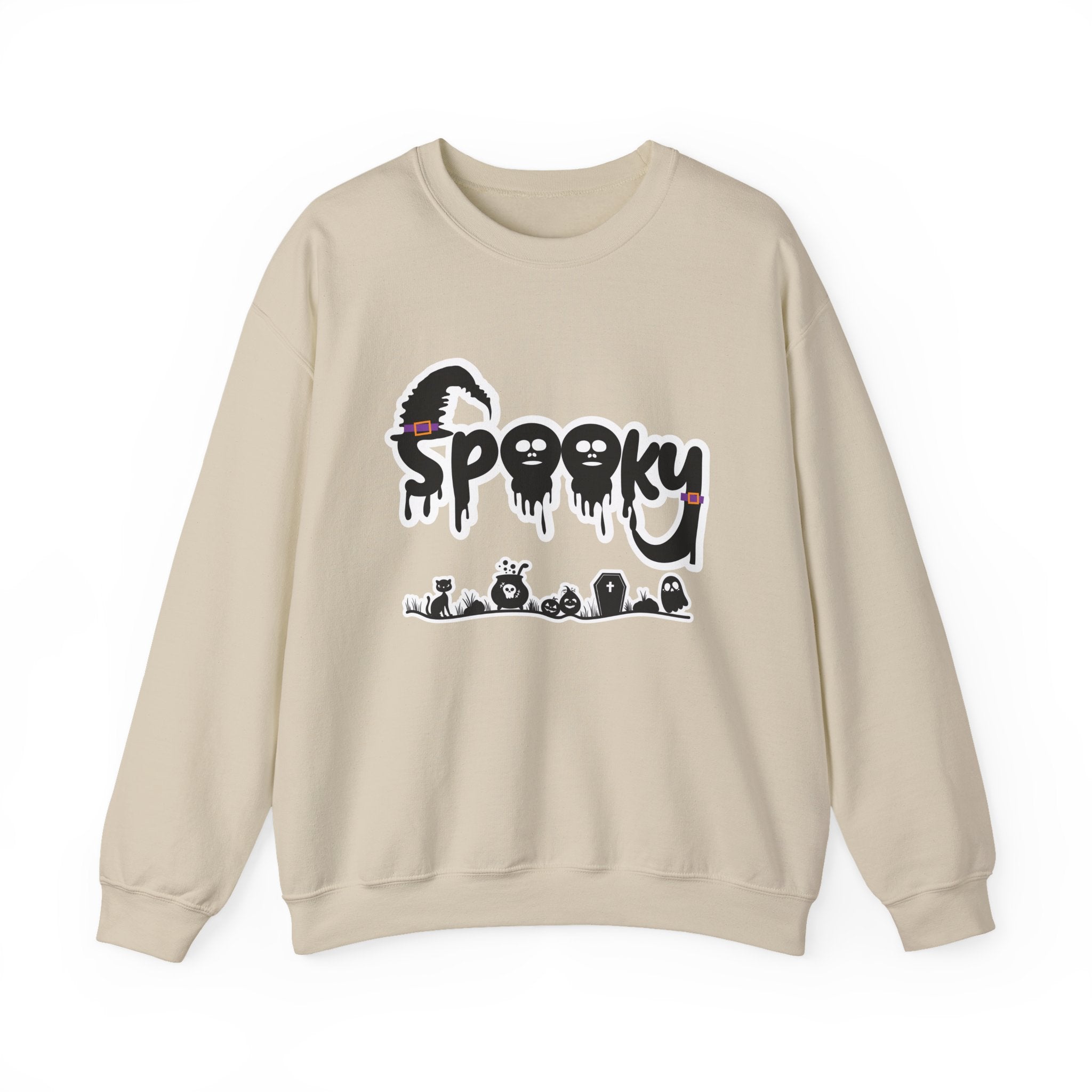 Beige sweatshirt with 'Spooky' graphic design on a white background