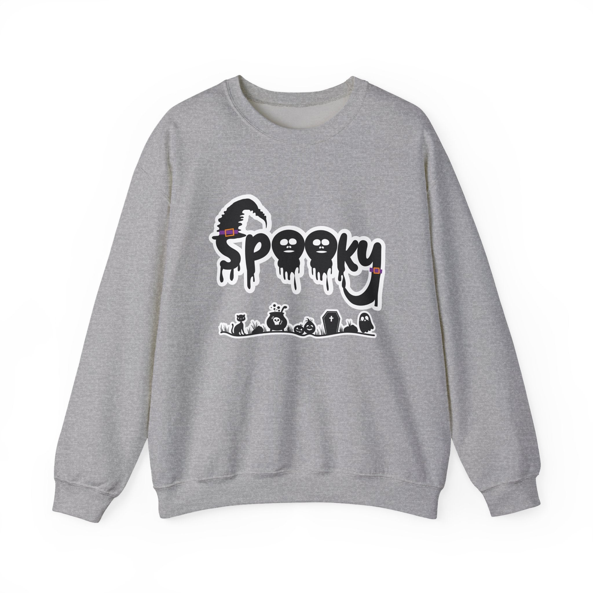 Gray sweatshirt with 'Spooky' graphic design on a white background