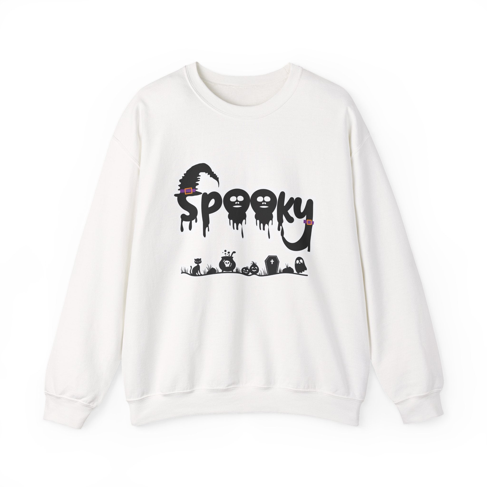 White sweatshirt with 'Spooky' graphic design on a white background