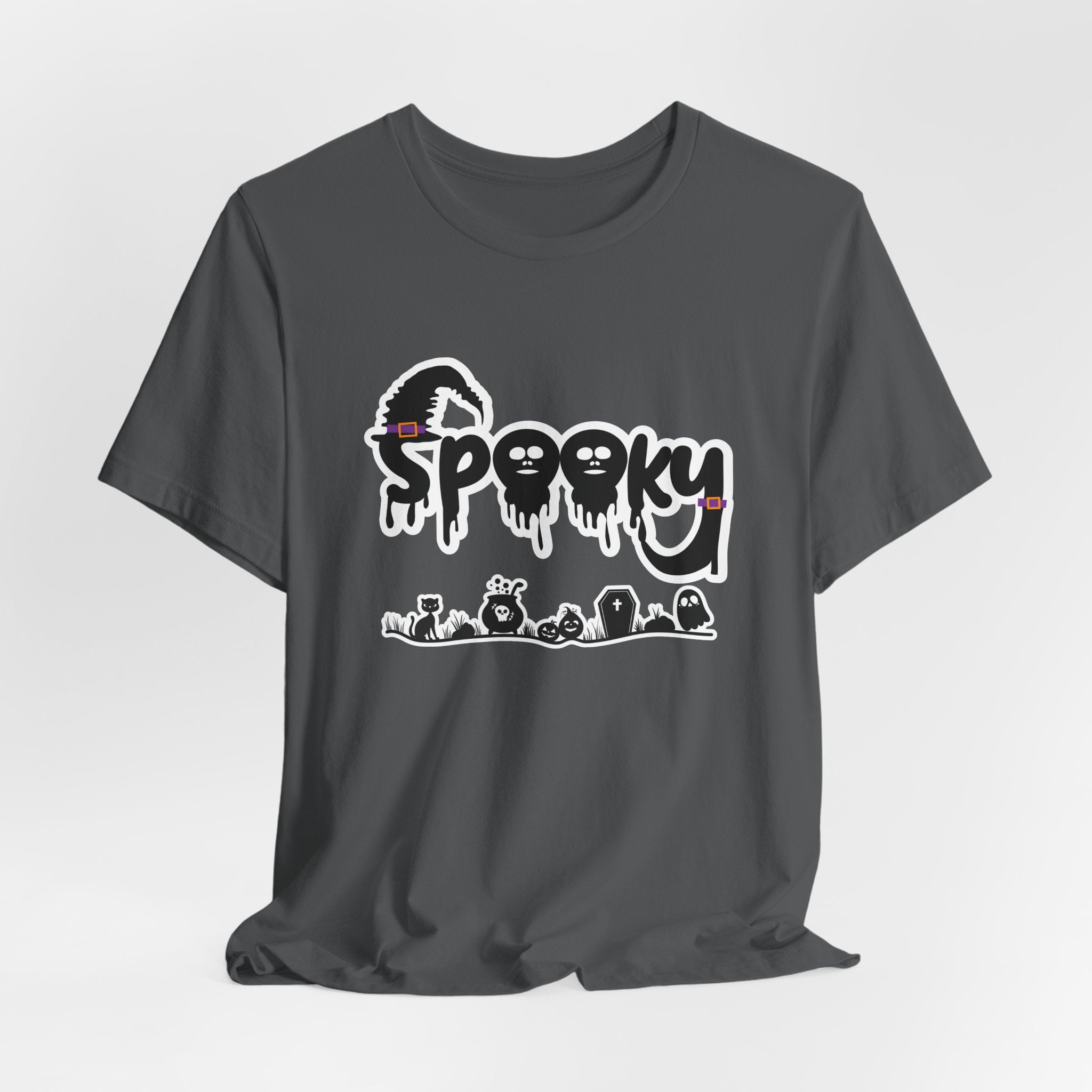 Asphalt gray t-shirt with 'Spooky' halloween ghost, pumpkins, cat, and witch graphic design on a white background