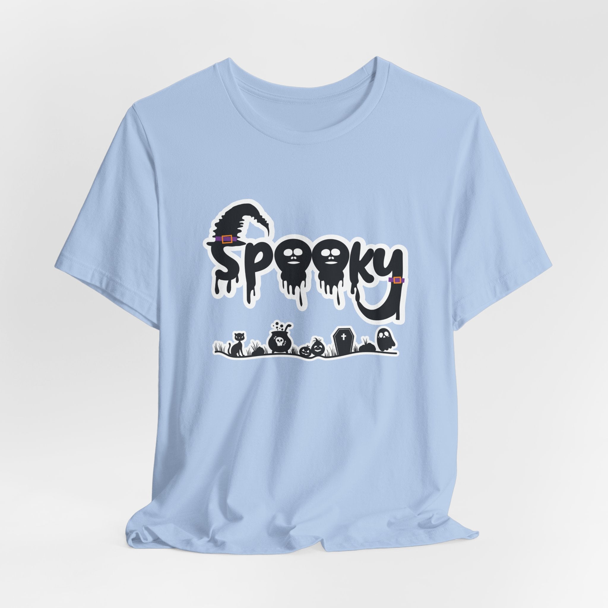 Baby light blue t-shirt with 'Spooky' halloween ghost, pumpkins, cat, and witch graphic design on a white background