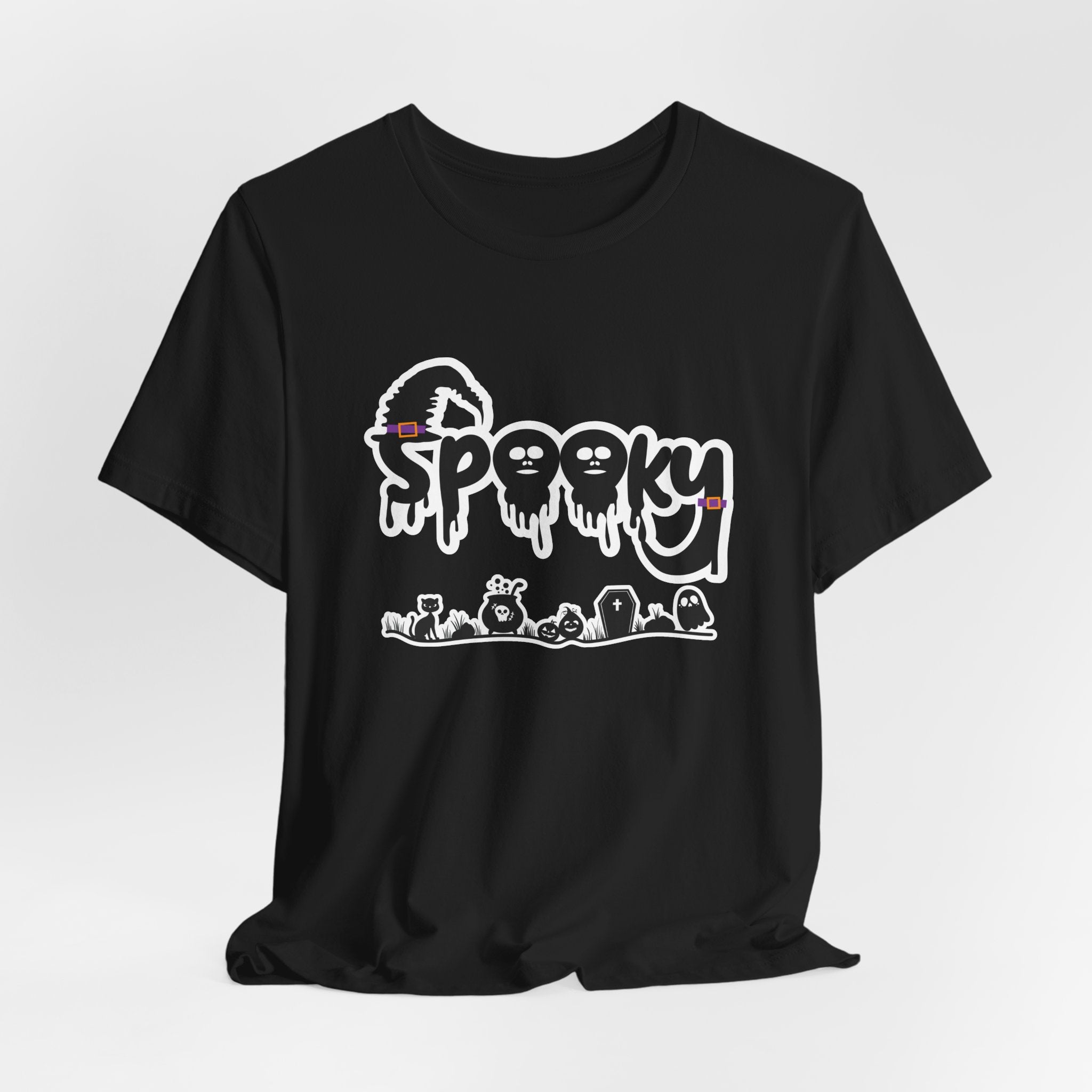 Black t-shirt with 'Spooky' halloween ghost, pumpkins, cat, and witch graphic design on a white background