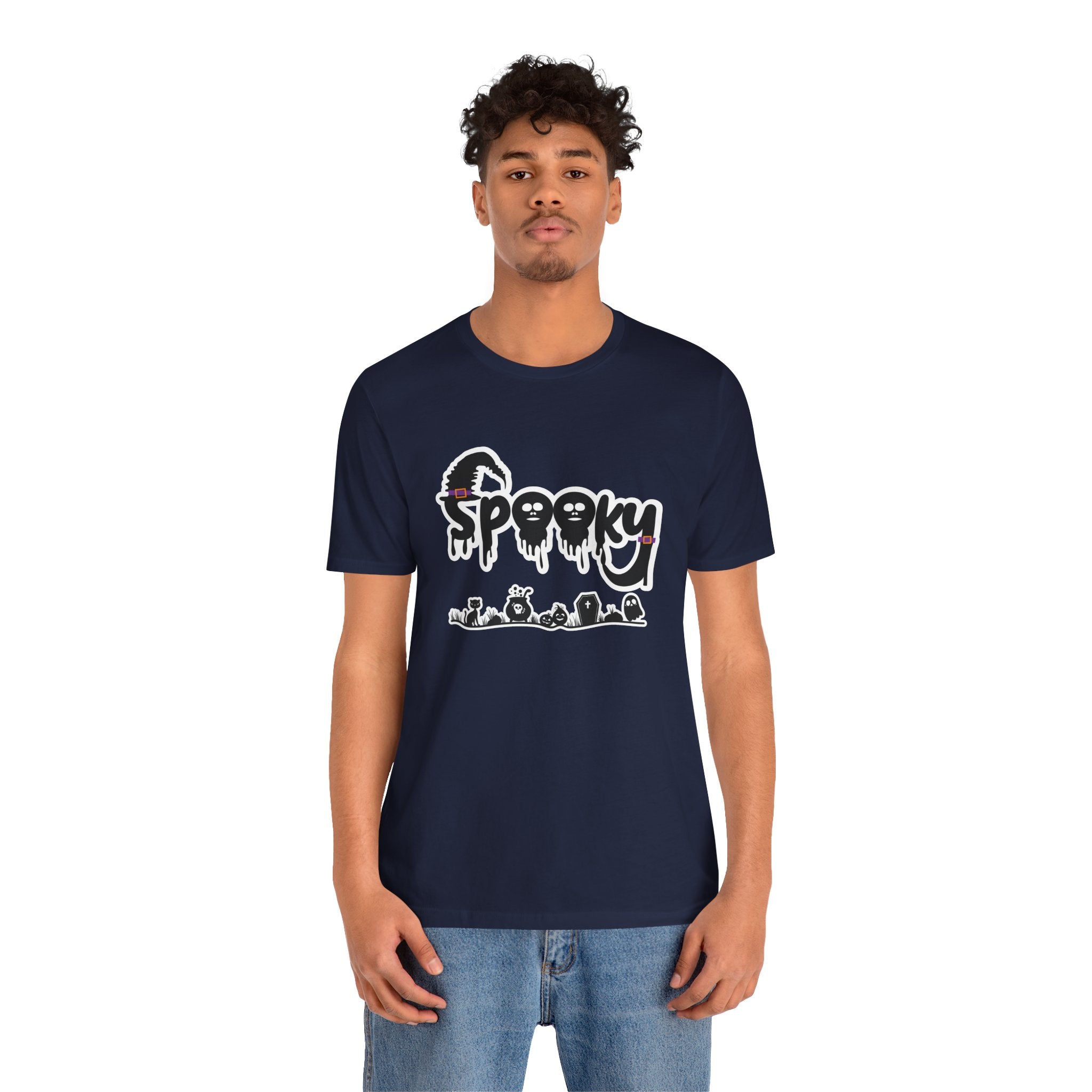 Person wearing a navy blue t-shirt with a white graphic design on a white background