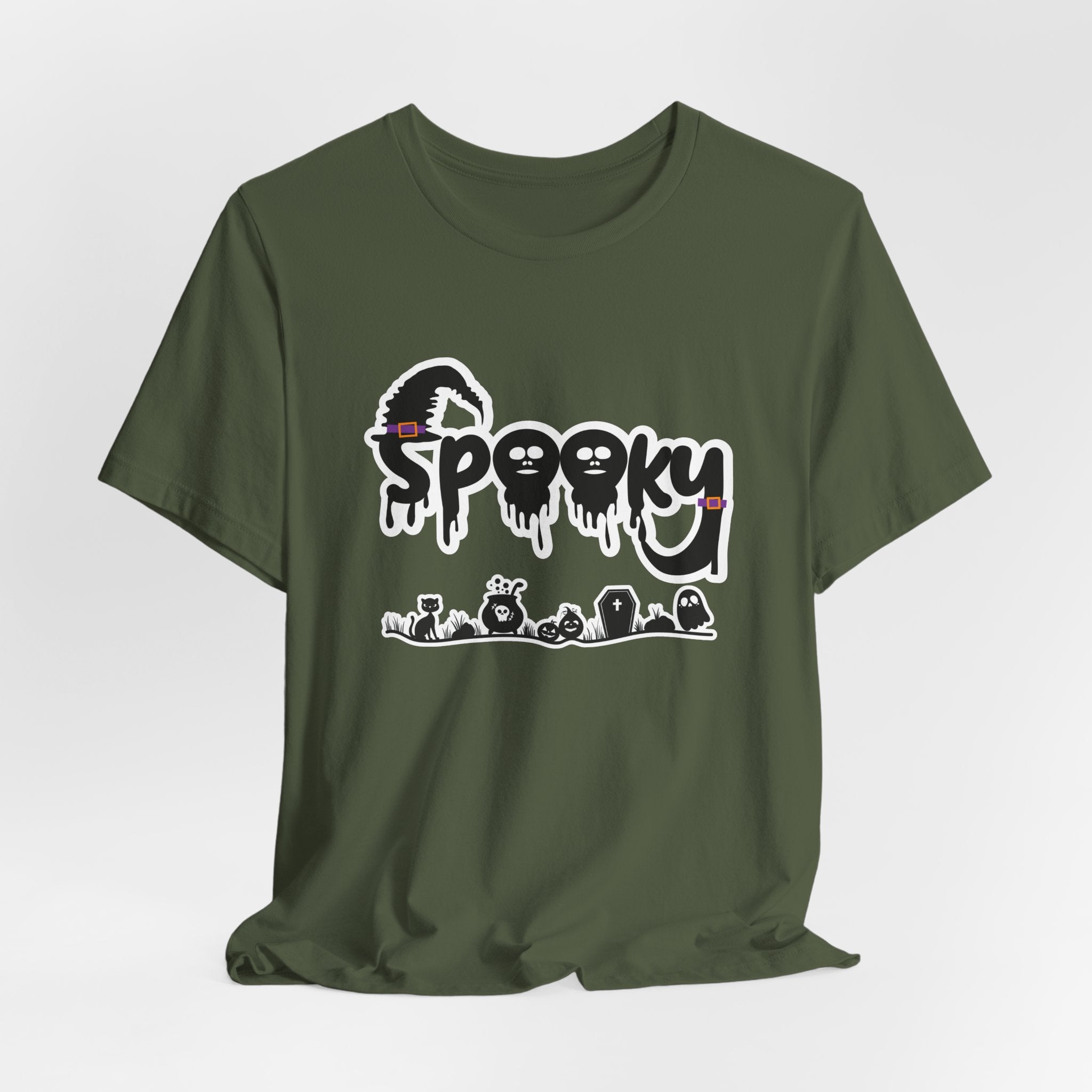 Military green t-shirt with 'Spooky' halloween ghost, pumpkins, cat, and witch graphic design on a white background