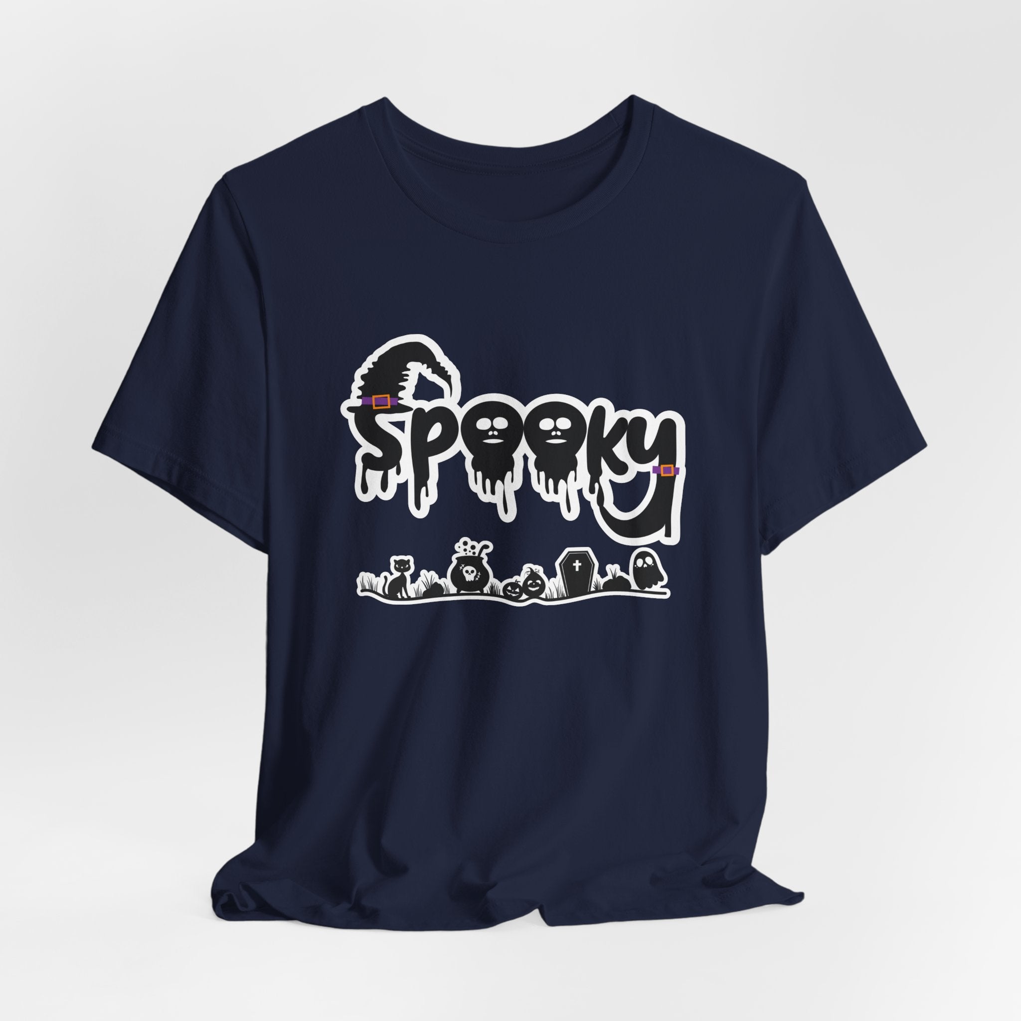 Navy blue t-shirt with 'Spooky' halloween ghost, pumpkins, cat, and witch graphic design on a white background