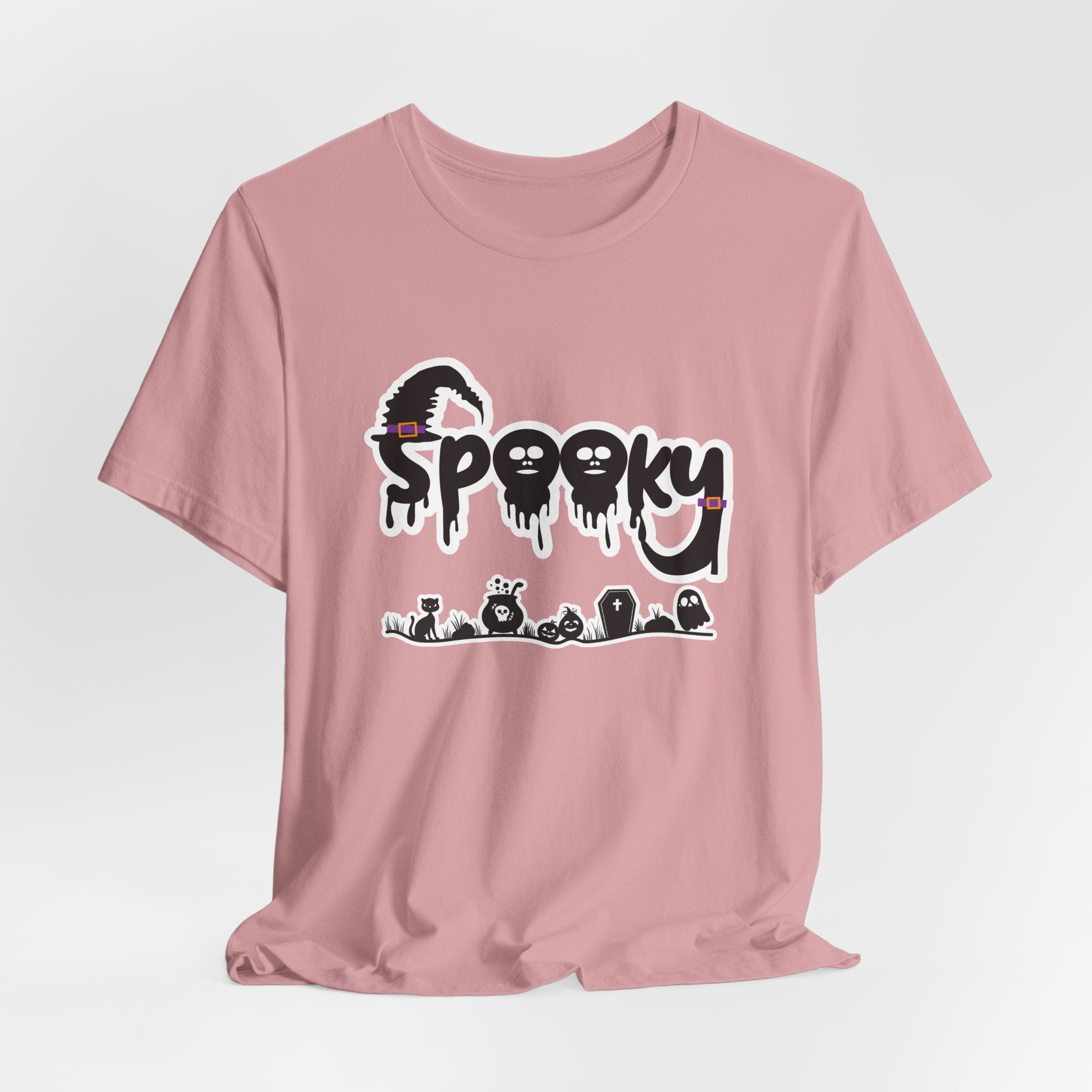 Orchid pink t-shirt with 'Spooky' halloween ghost, pumpkins, cat, and witch graphic design on a white background