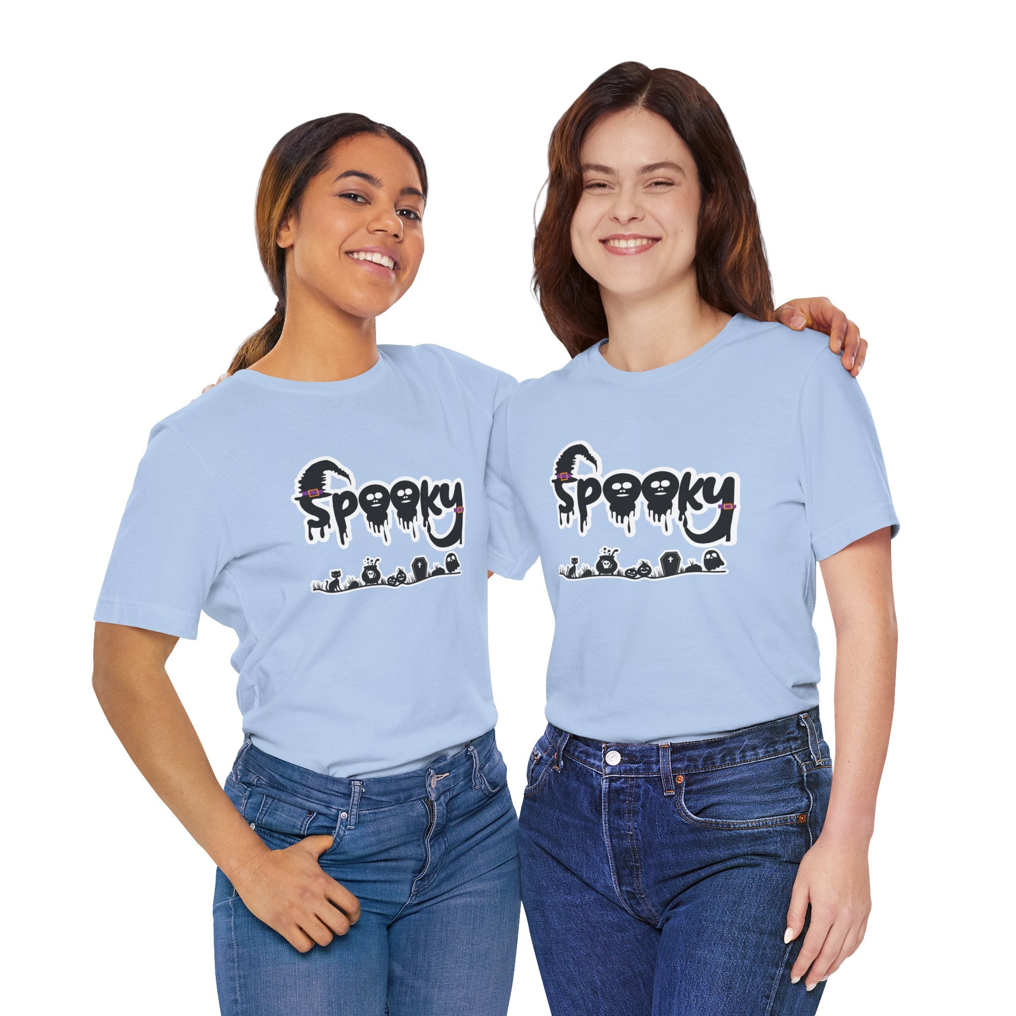 Two people wearing light blue t-shirts with 'Spooky' design on a white background