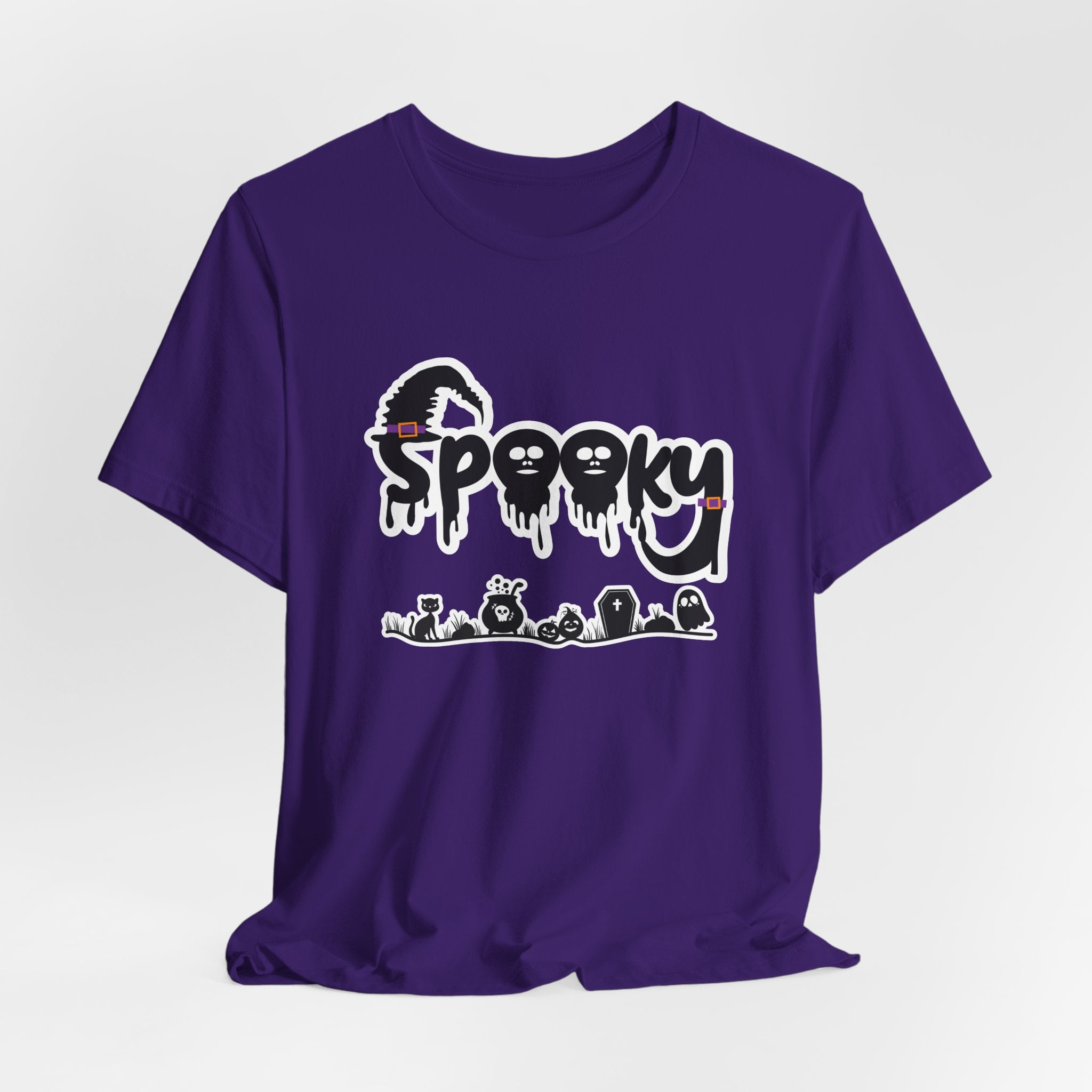 Team purple t-shirt with 'Spooky' halloween ghost, pumpkins, cat, and witch graphic design on a white background