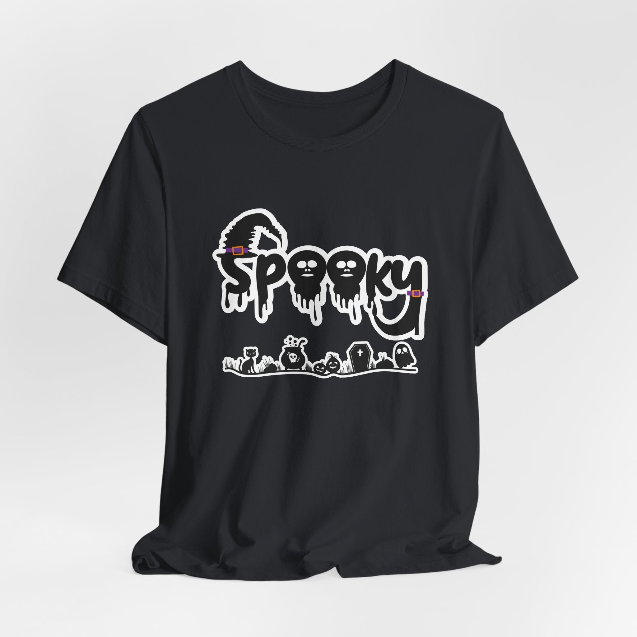 Vintage blackt-shirt with 'Spooky' halloween ghost, pumpkins, cat, and witch graphic design on a white background