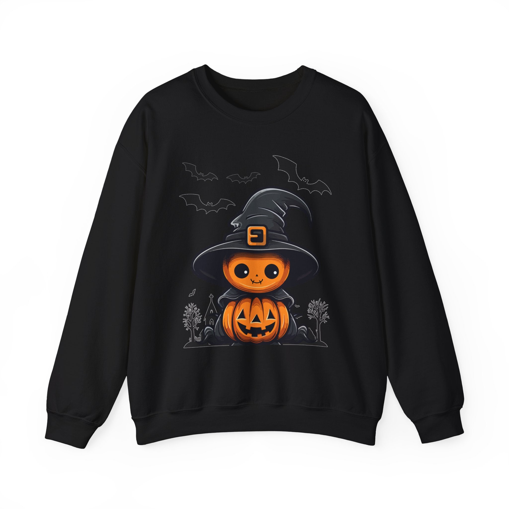 Black sweatshirt with Halloween-themed design featuring a pumpkin in a witch hat on a white background