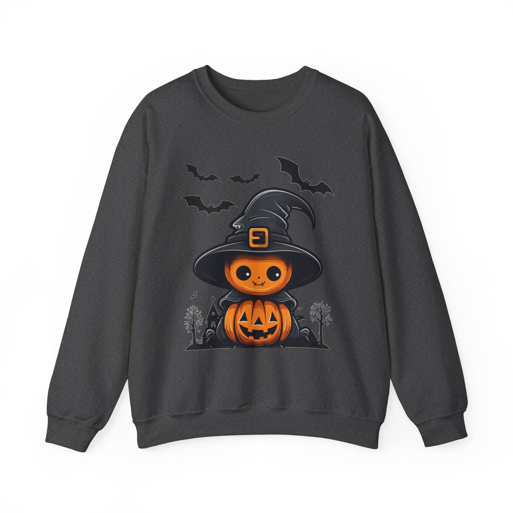 Dark heather gray sweatshirt with Halloween-themed design featuring a pumpkin in a witch hat on a white background.