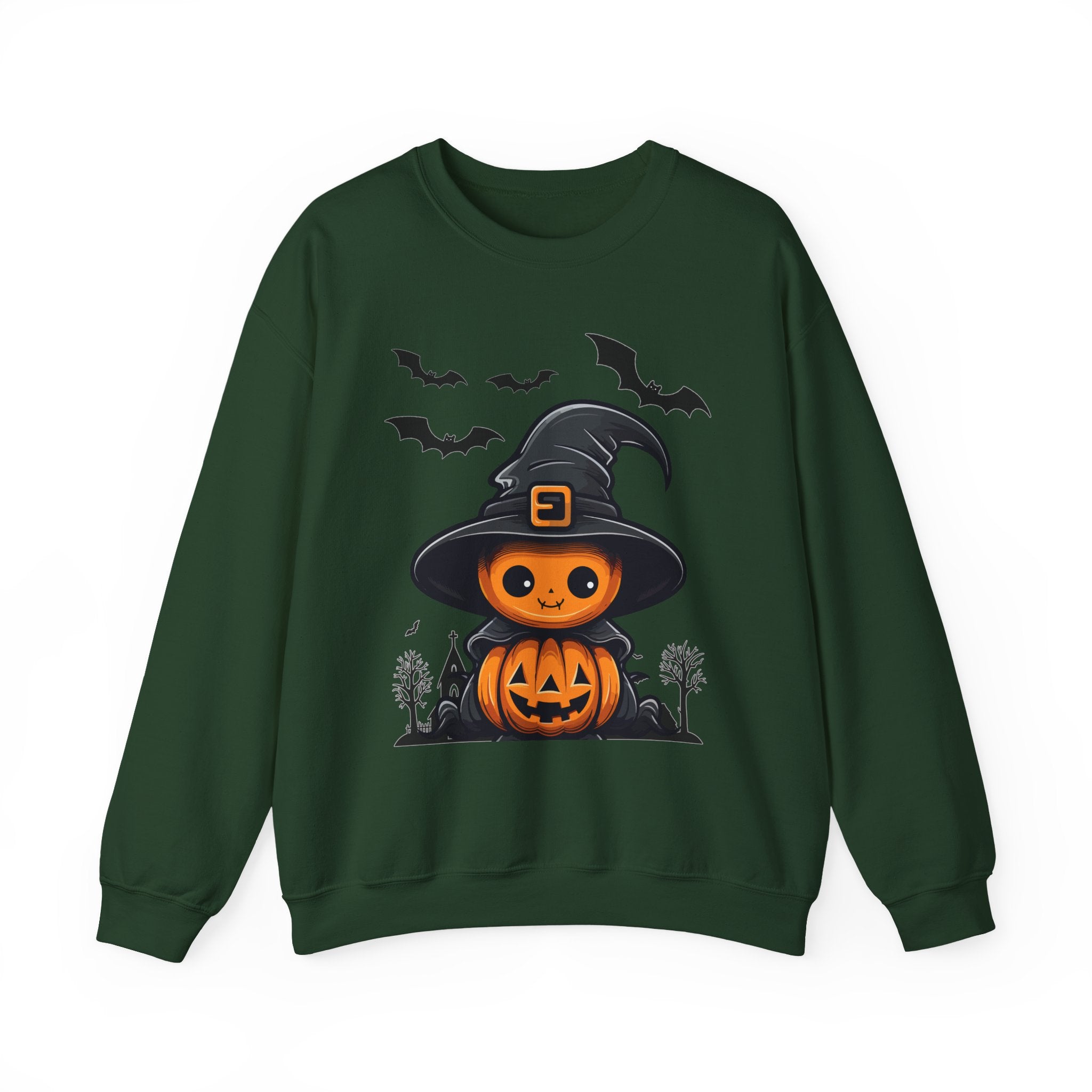 Forest green sweatshirt with a Halloween-themed design featuring a pumpkin in a witch hat on a white background.