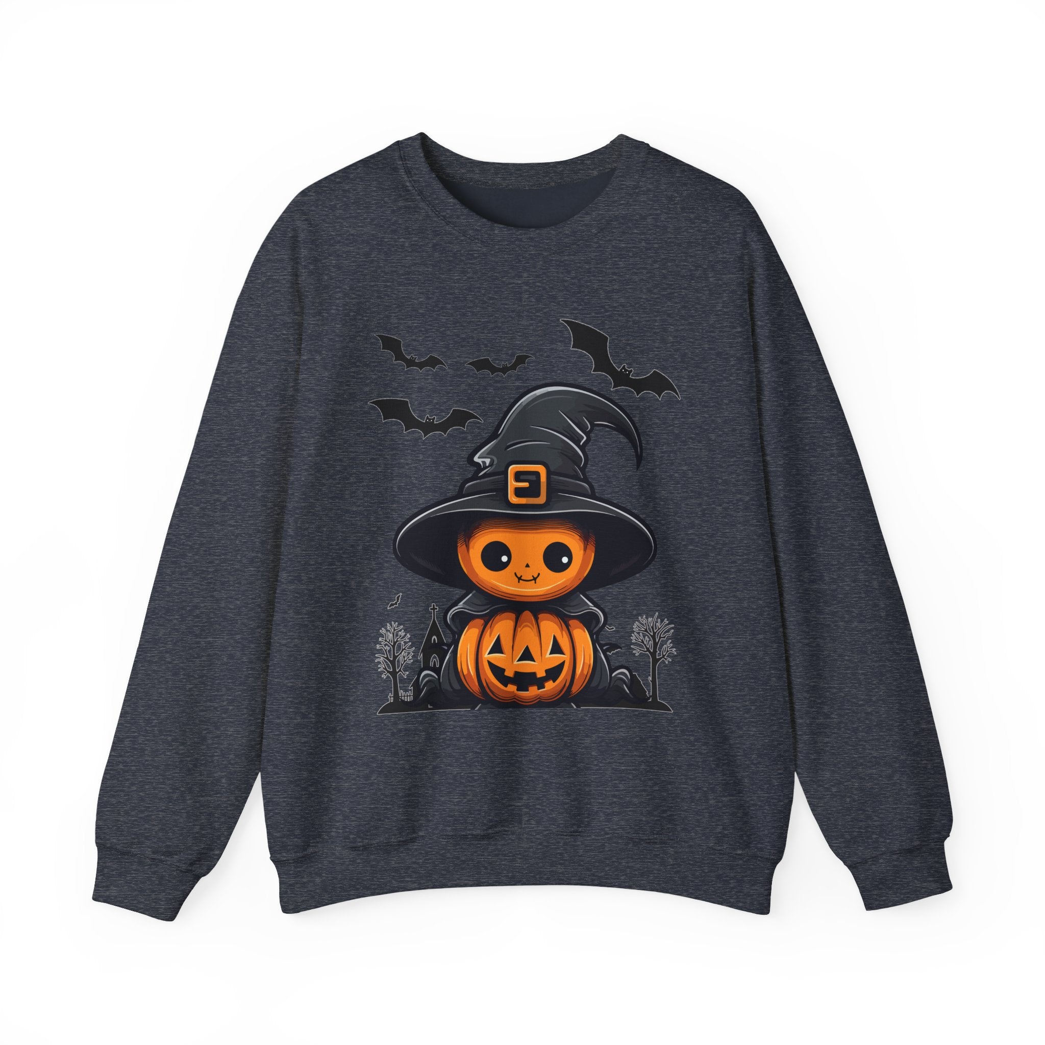 Dark gray sweatshirt with Halloween-themed design featuring a pumpkin and witch hat on a white background