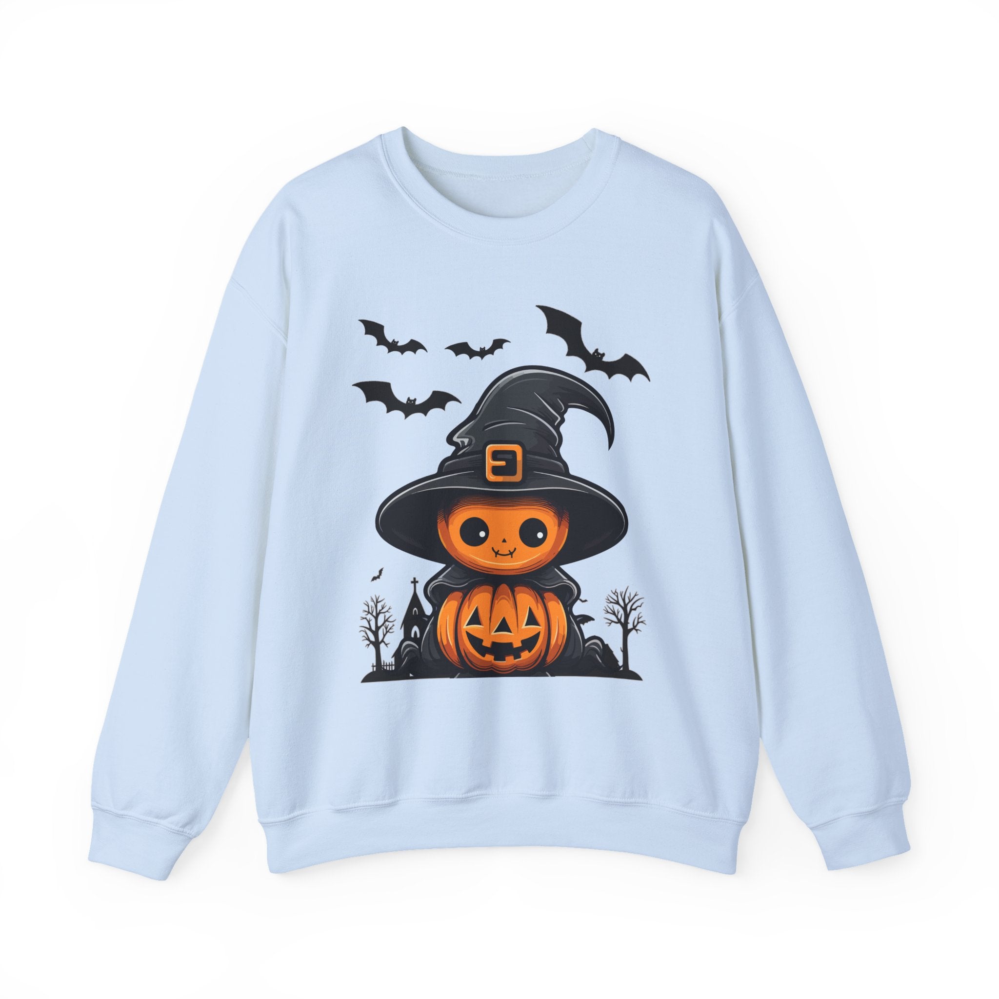 Light blue sweatshirt with Halloween-themed design featuring a pumpkin in a witch hat and bats on a white background.
