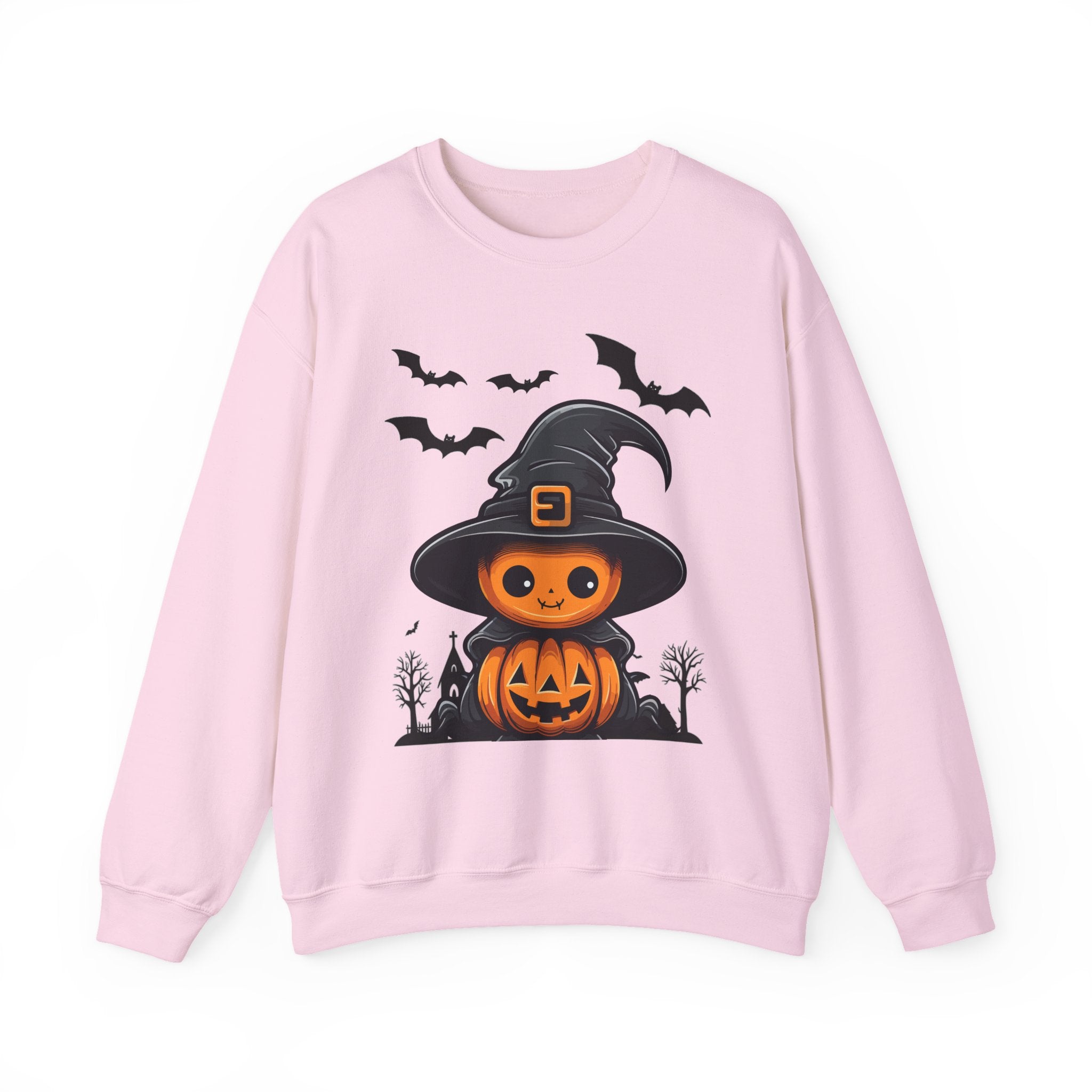Pink sweatshirt with Halloween-themed design featuring a pumpkin in a witch hat and bats on a white background.