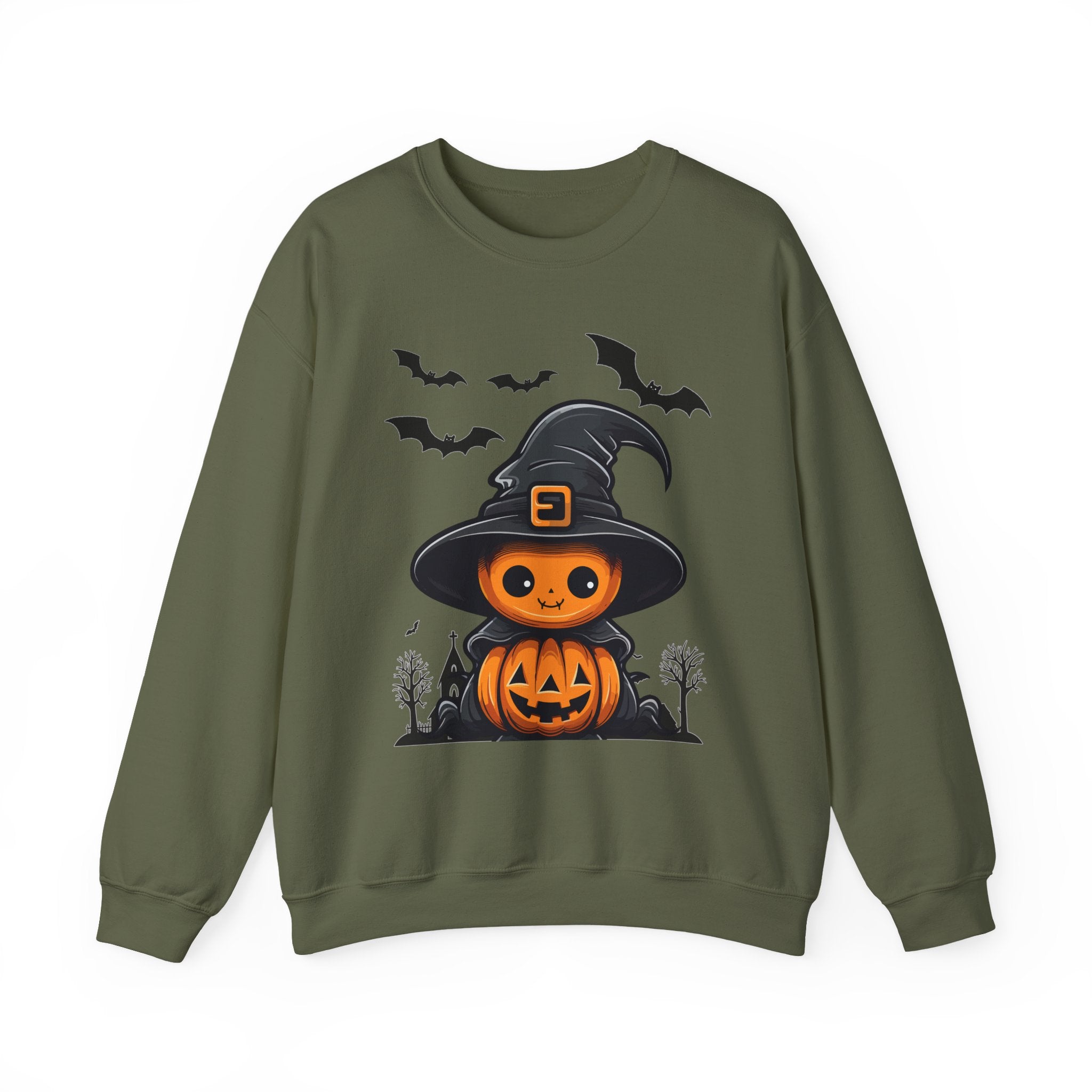 Military green sweatshirt with Halloween design featuring a pumpkin in a witch hat on a white background