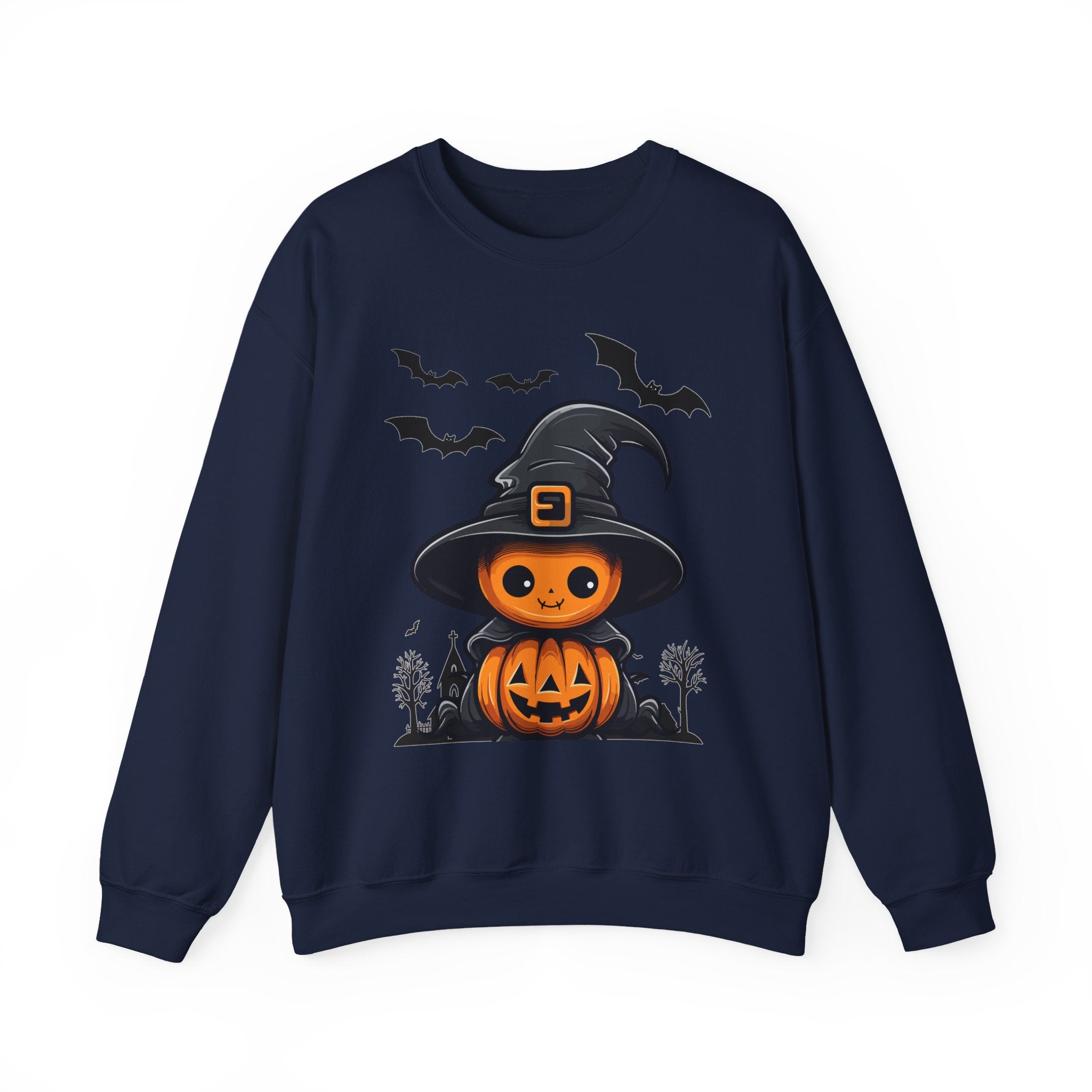 Navy blue sweatshirt with Halloween-themed design featuring a pumpkin and witch hat on a white background.