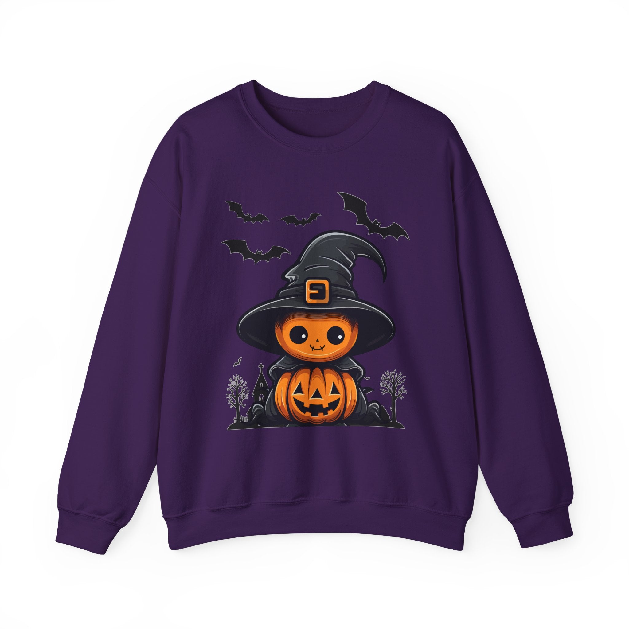 Purple sweatshirt with Halloween-themed design featuring a pumpkin in a witch hat.