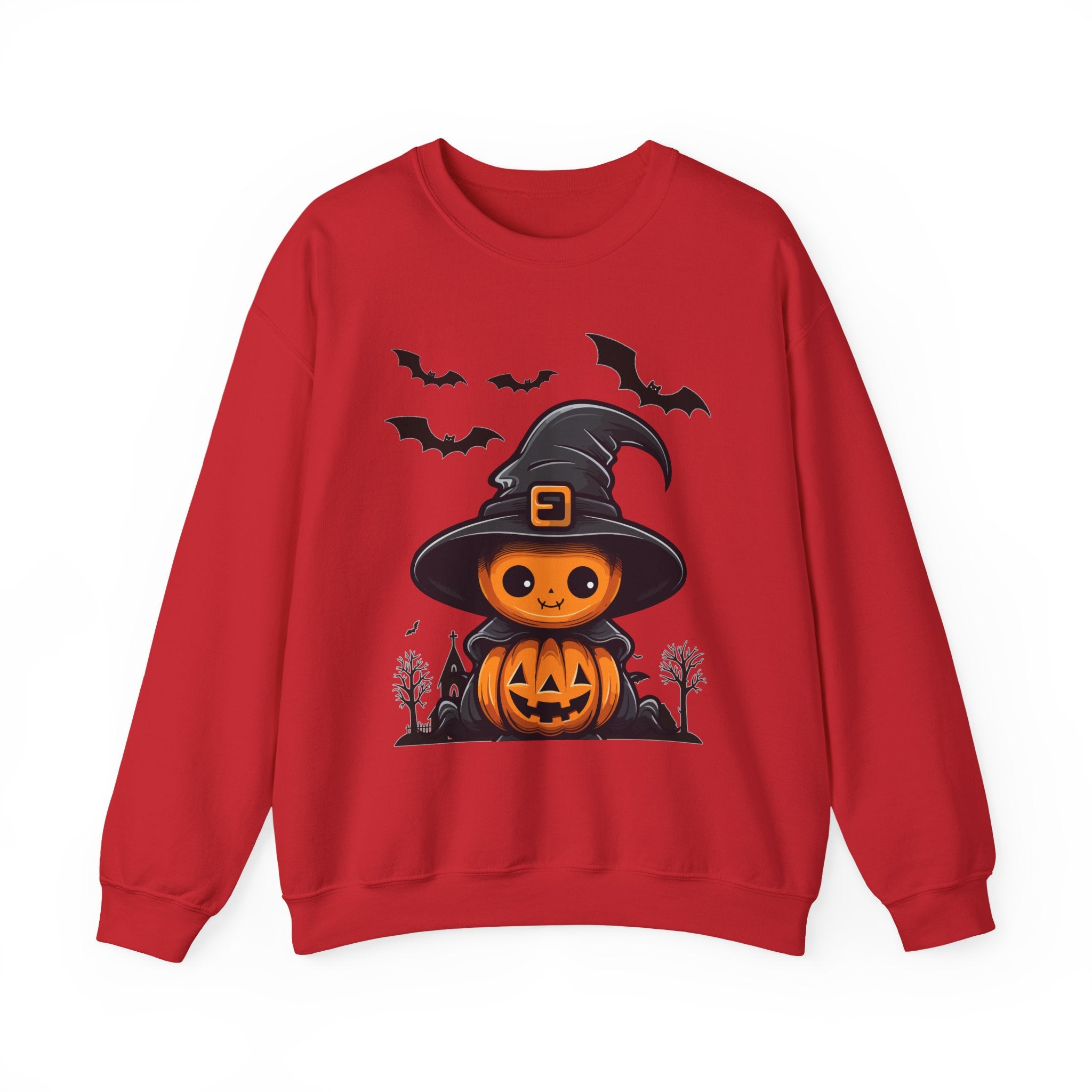 Red sweatshirt with Halloween-themed design featuring a pumpkin in a witch hat and bats on a white background.