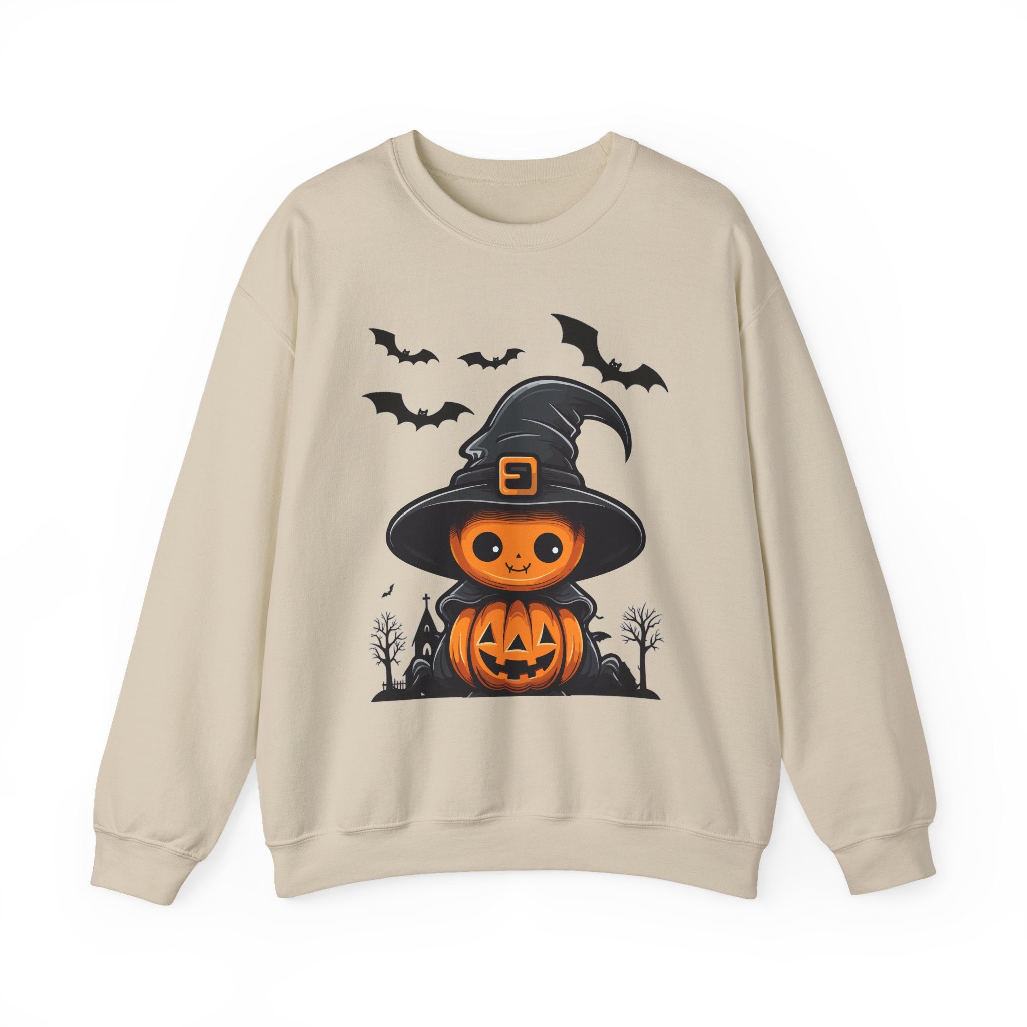 Beige sweatshirt with Halloween-themed design featuring a pumpkin in a witch hat and bats on a white background.