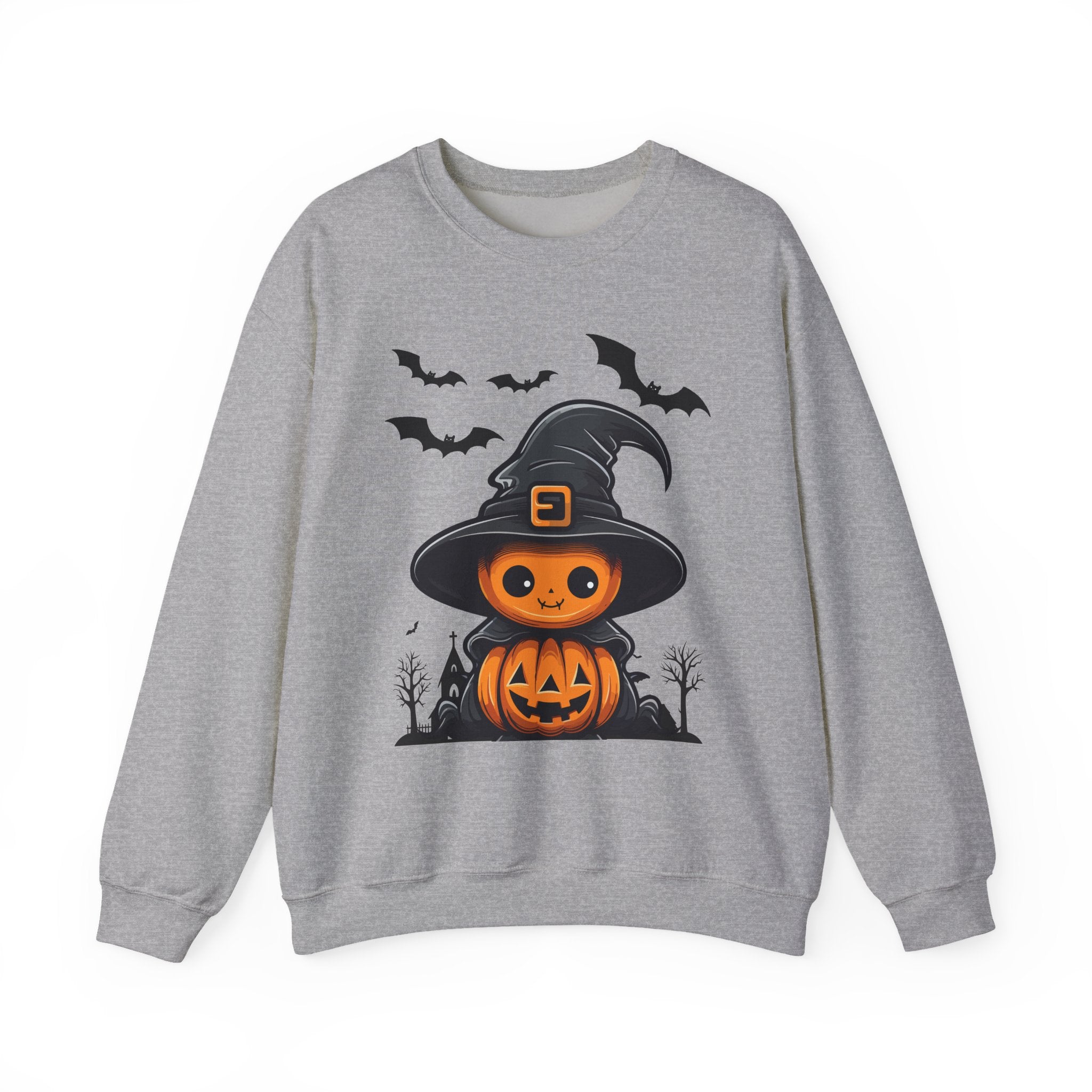 Gray sweatshirt with Halloween-themed design featuring a pumpkin in a witch hat and bats on a white background.