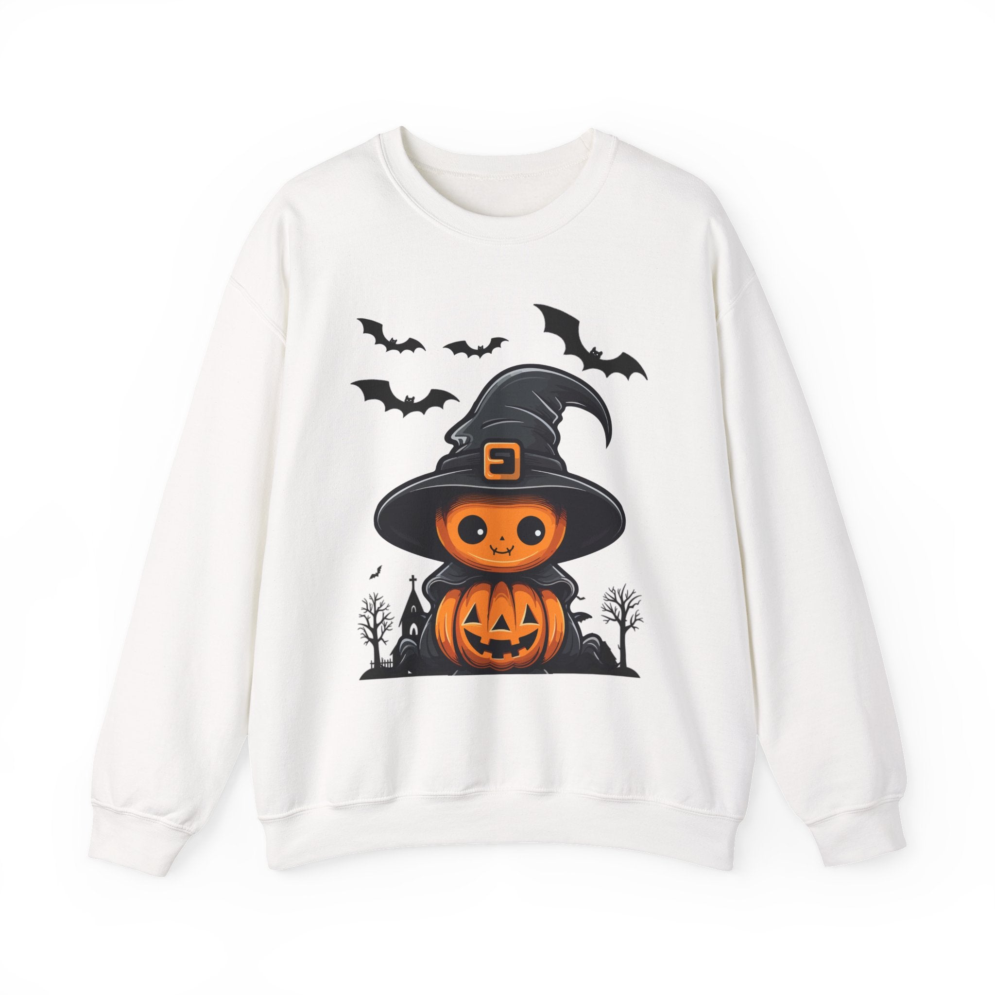 White sweatshirt with Halloween-themed design featuring a pumpkin in a witch hat and bats on a white background.