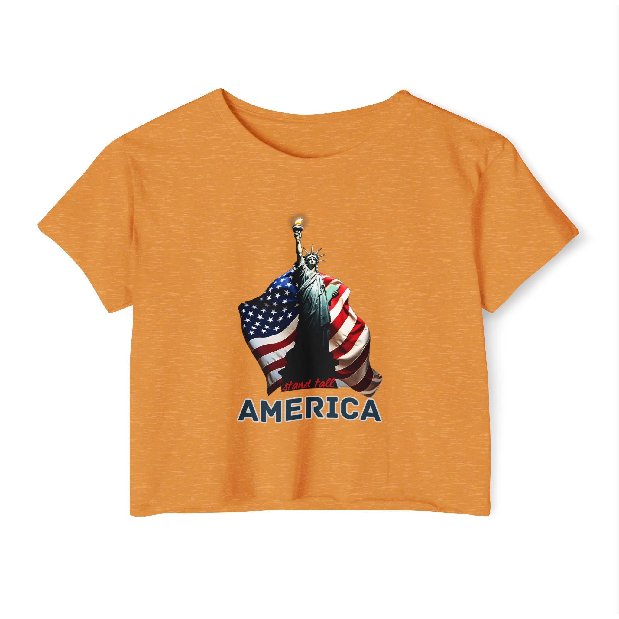 Antique gold orange t-shirt with Statue of Liberty and American flag graphic on a white background