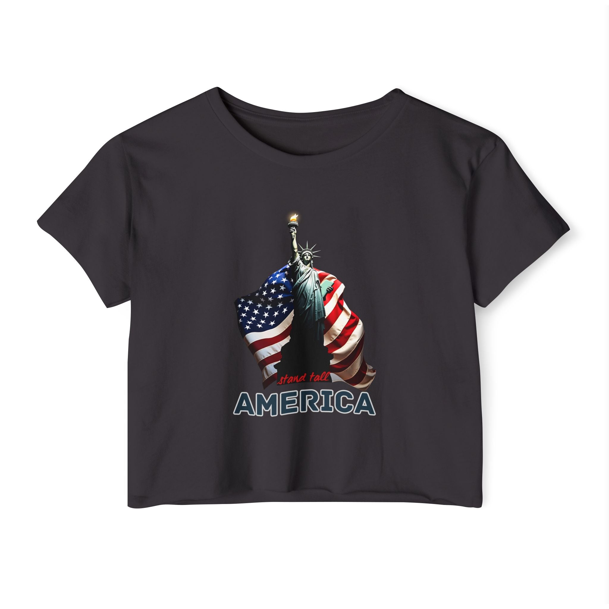 Black t-shirt with Statue of Liberty and American flag design on a white background