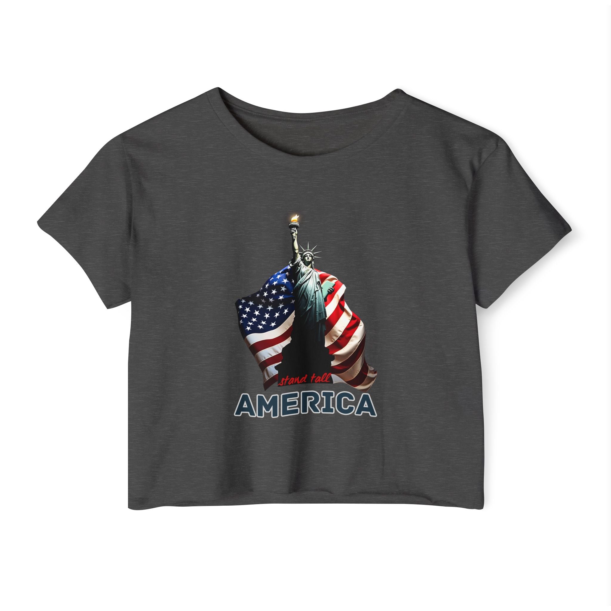 Charcoal gray t-shirt with Statue of Liberty and American flag graphic on a white background