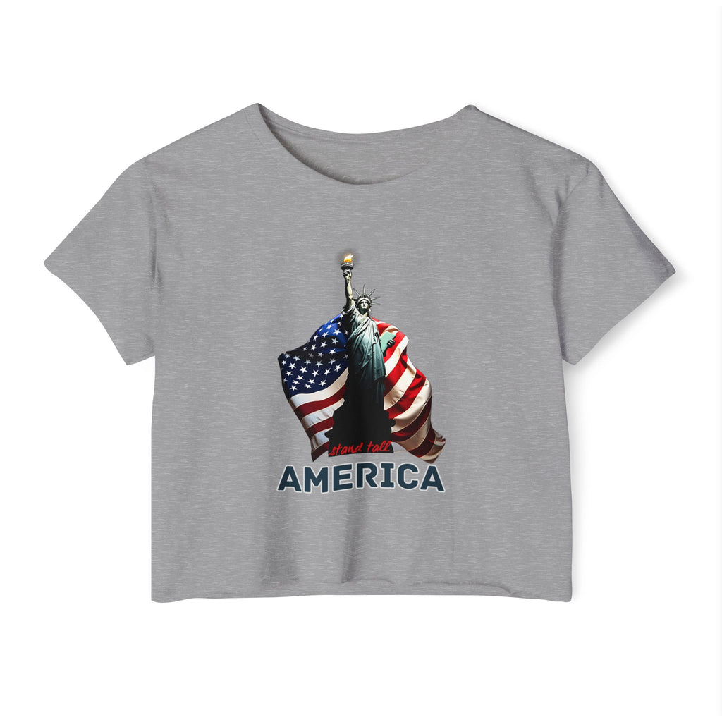Gray t-shirt with American flag and Statue of Liberty graphic on a white background