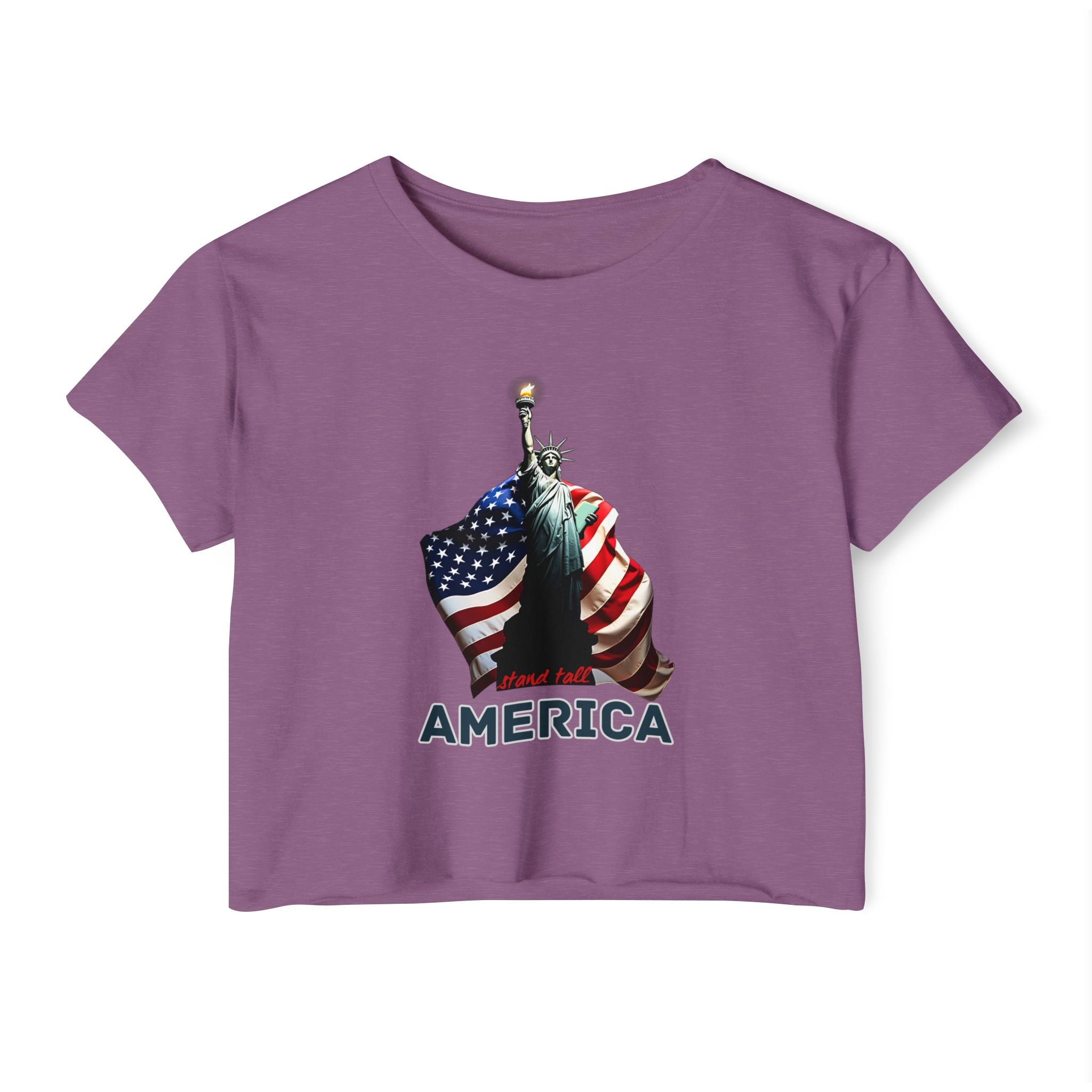 Shiraz purple t-shirt with Statue of Liberty and American flag design on a white background