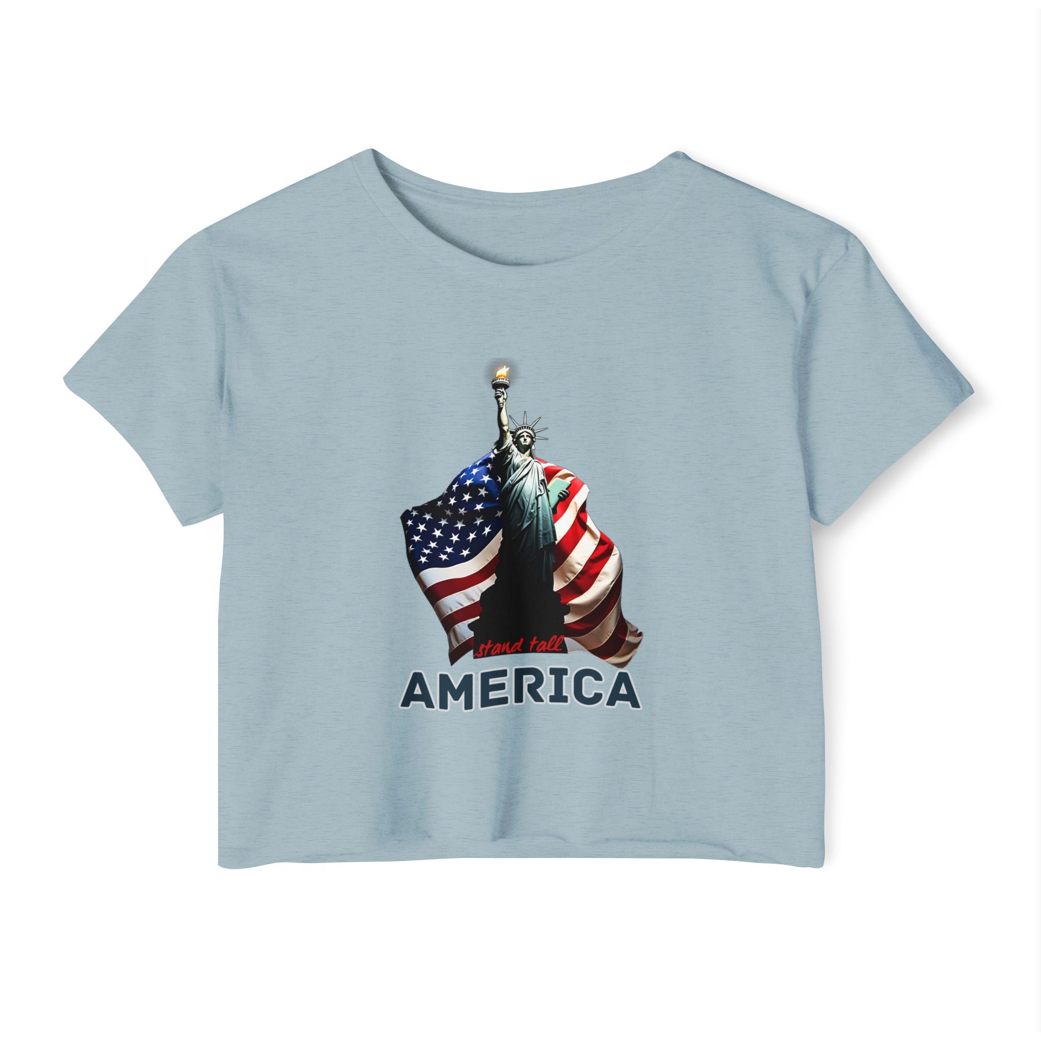 Stonewash denim light blue t-shirt with Statue of Liberty and American flag graphic on a white background
