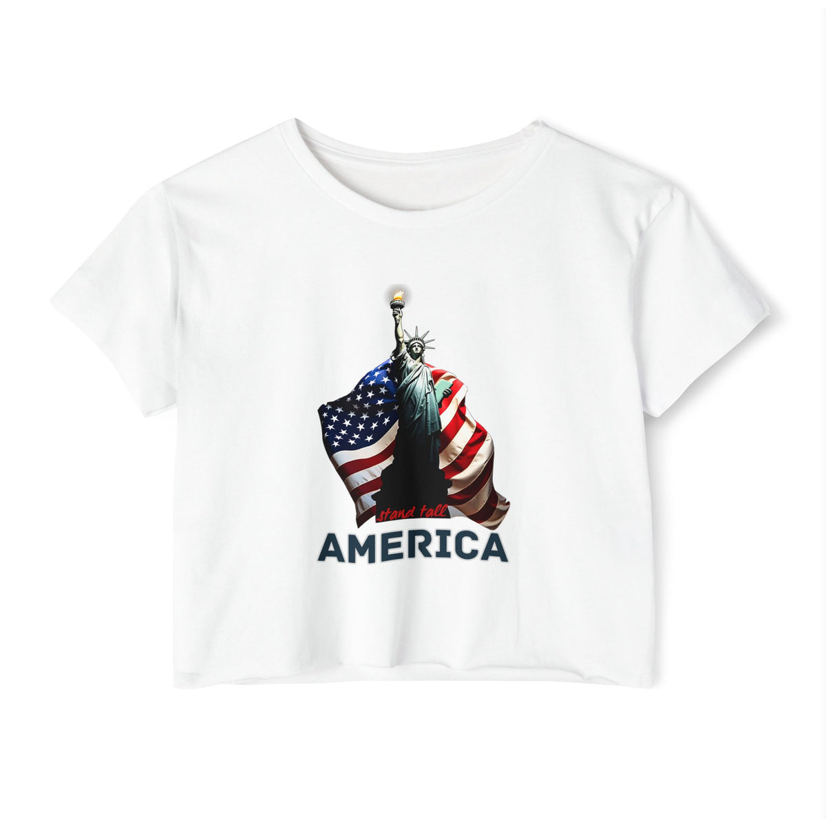 White t-shirt with Statue of Liberty and American flag graphic on a white background