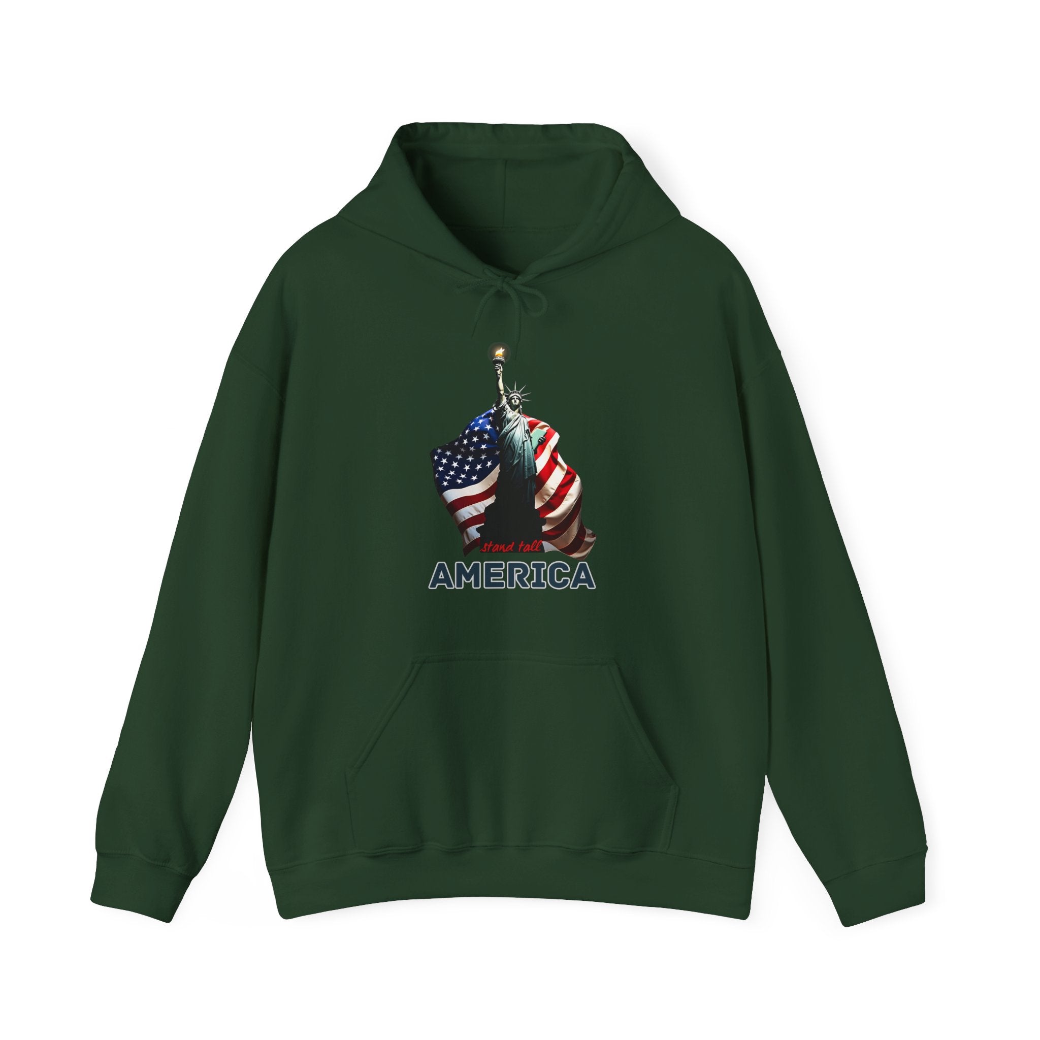 Forest green hoodie with a graphic design of the Statue of Liberty and American flag at the back and stand tall America text on a white background