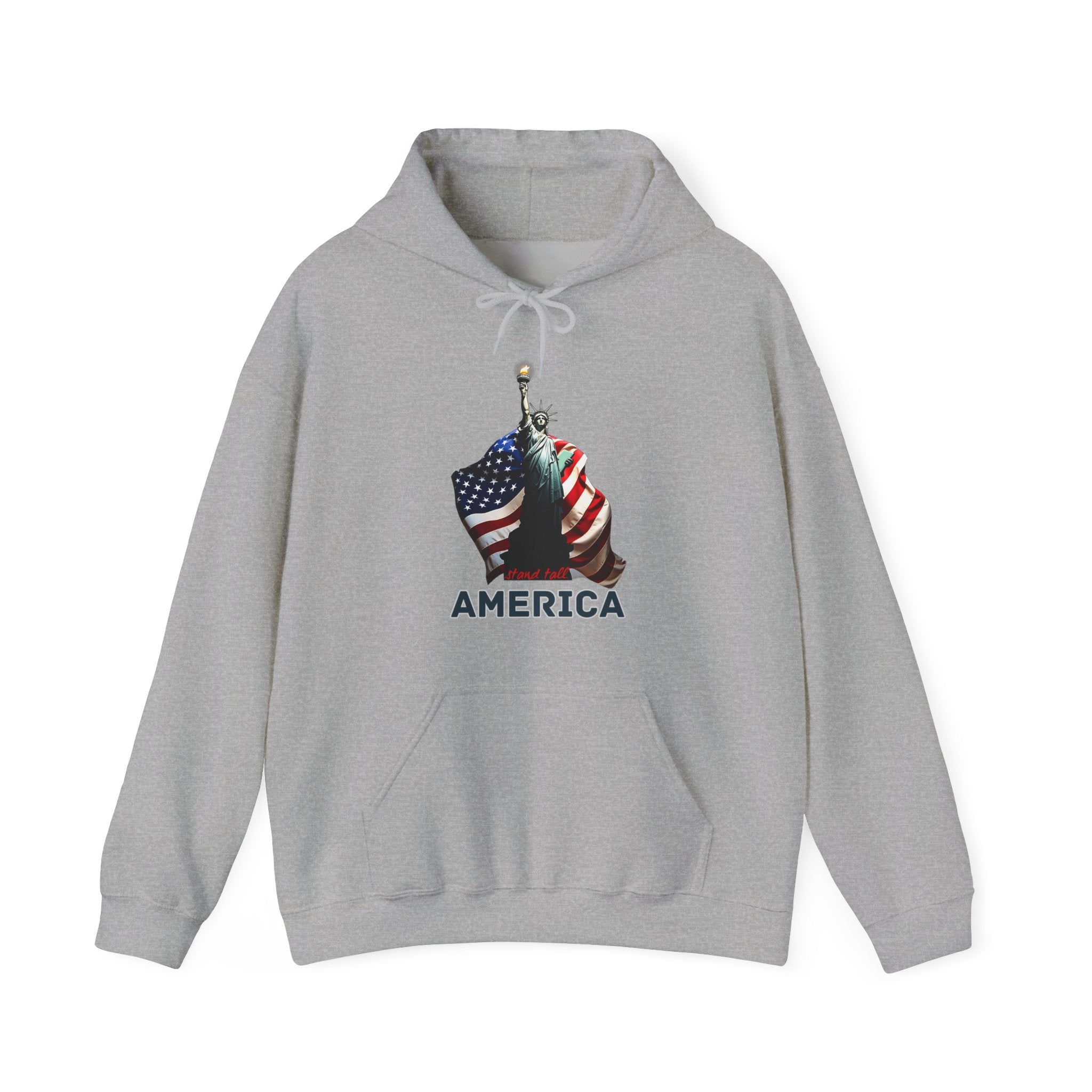 Gray hoodie with a graphic design of the Statue of Liberty and American flag at the back and stand tall America text on a white background
