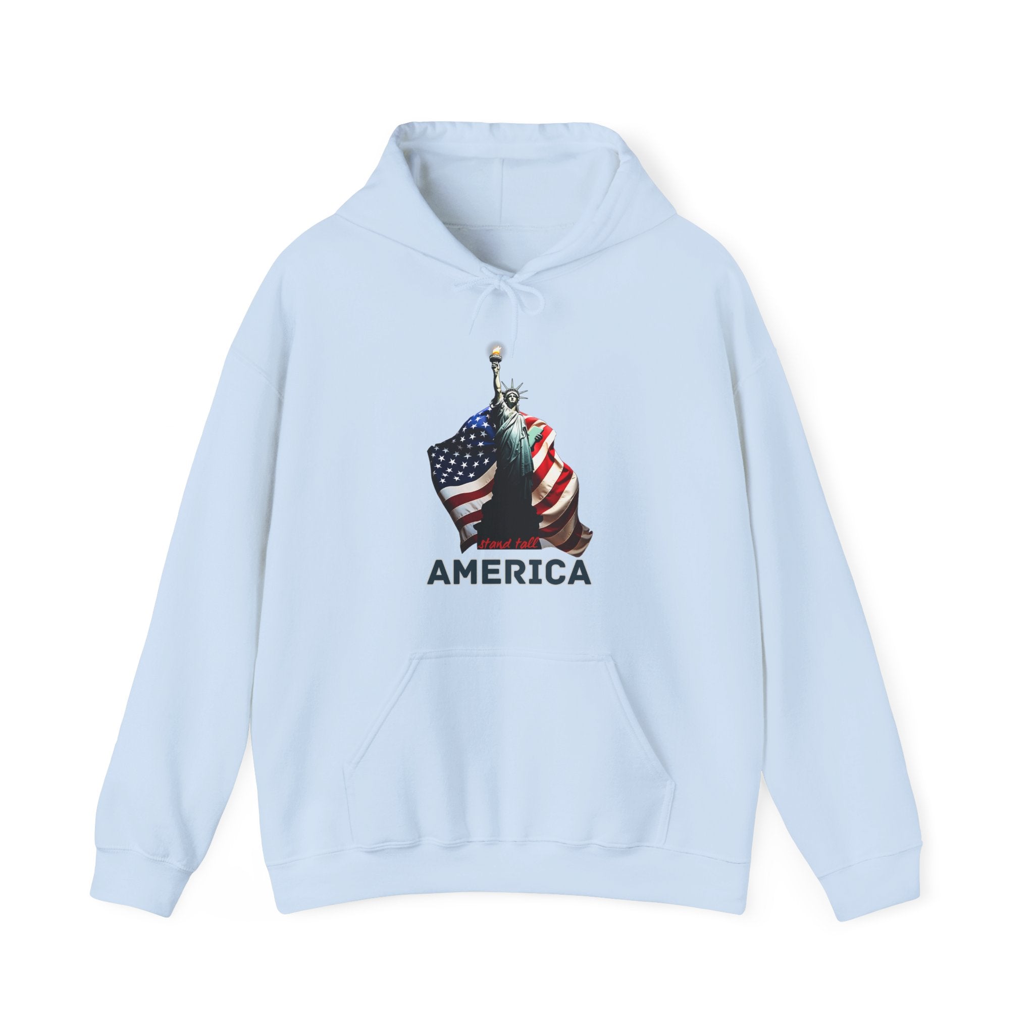 Light blue hoodie with a graphic design of the Statue of Liberty and American flag at the back and stand tall America text on a white background