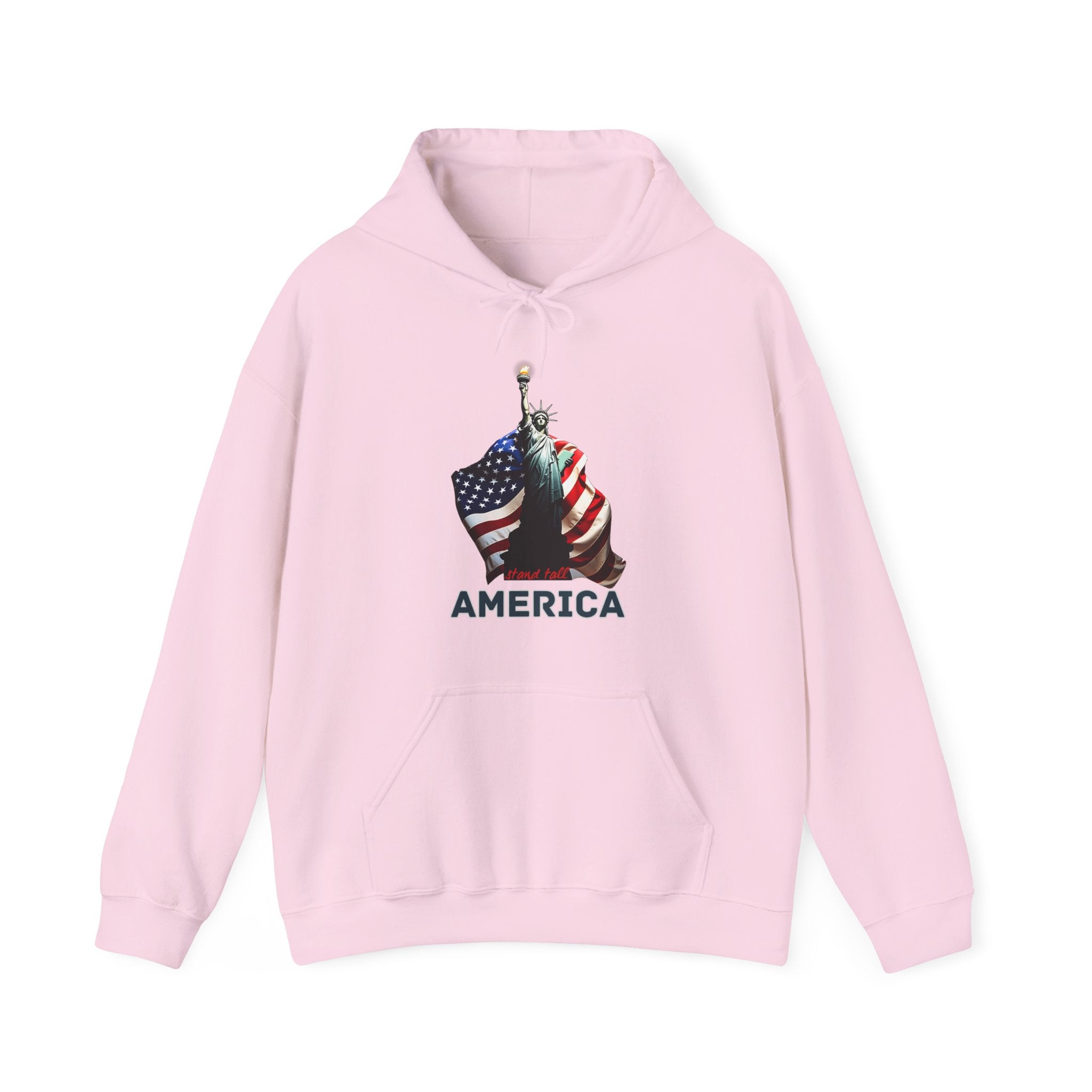 Pink hoodie with a graphic design of the Statue of Liberty and American flag at the back and stand tall America text on a white background
