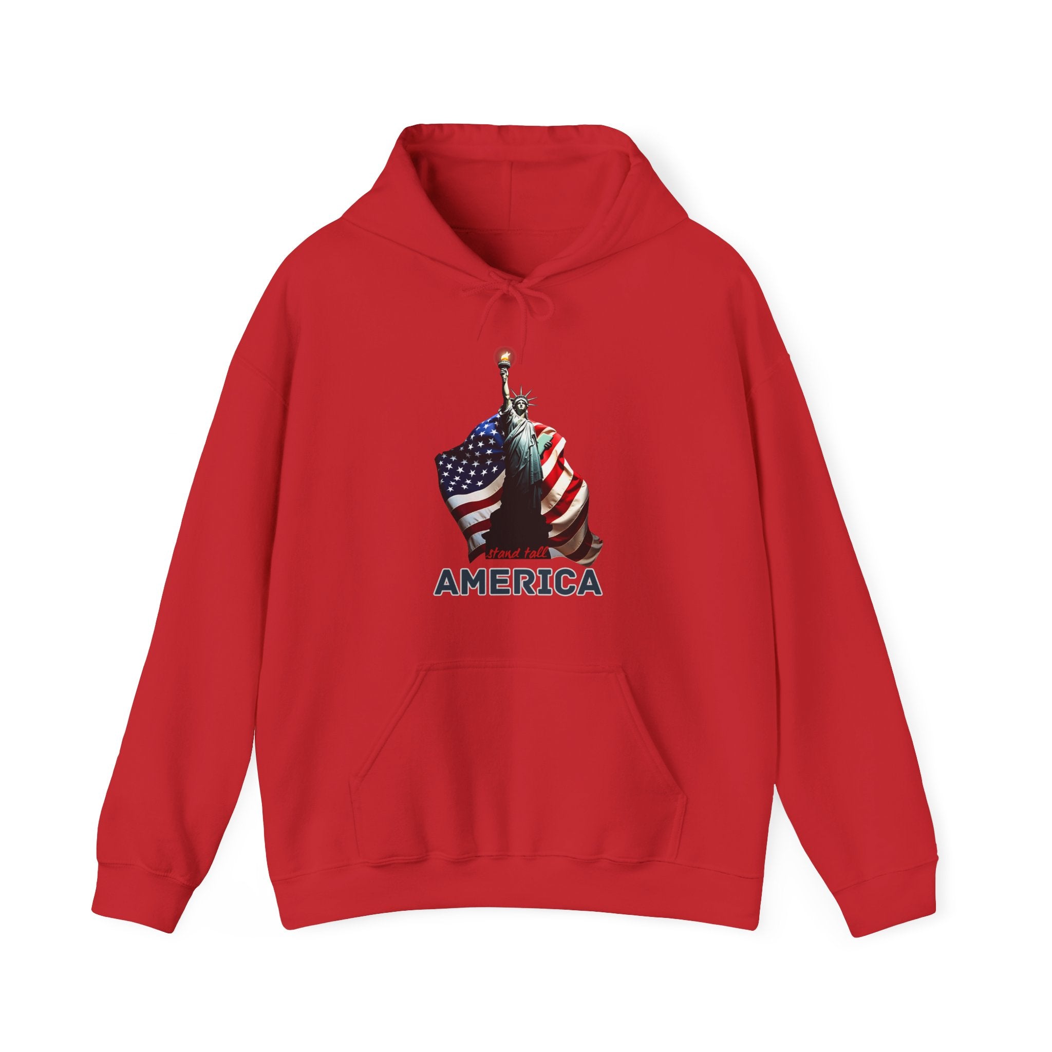 Red hoodie with a graphic design of the Statue of Liberty and American flag at the back and stand tall America text on a white background