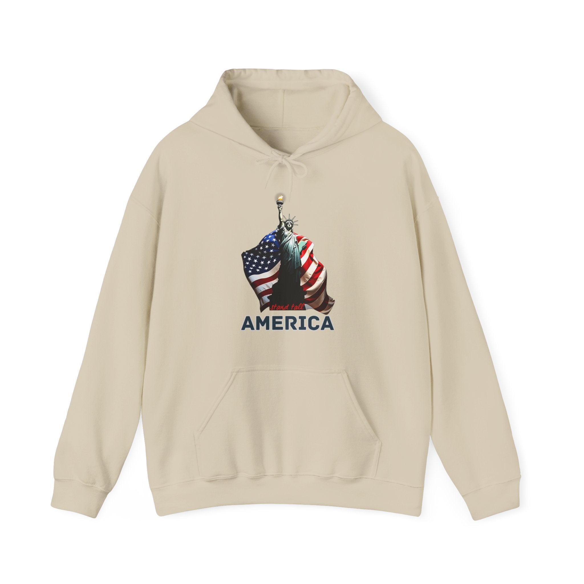 Beige hoodie with a graphic design of the Statue of Liberty and American flag at the back and stand tall America text on a white background