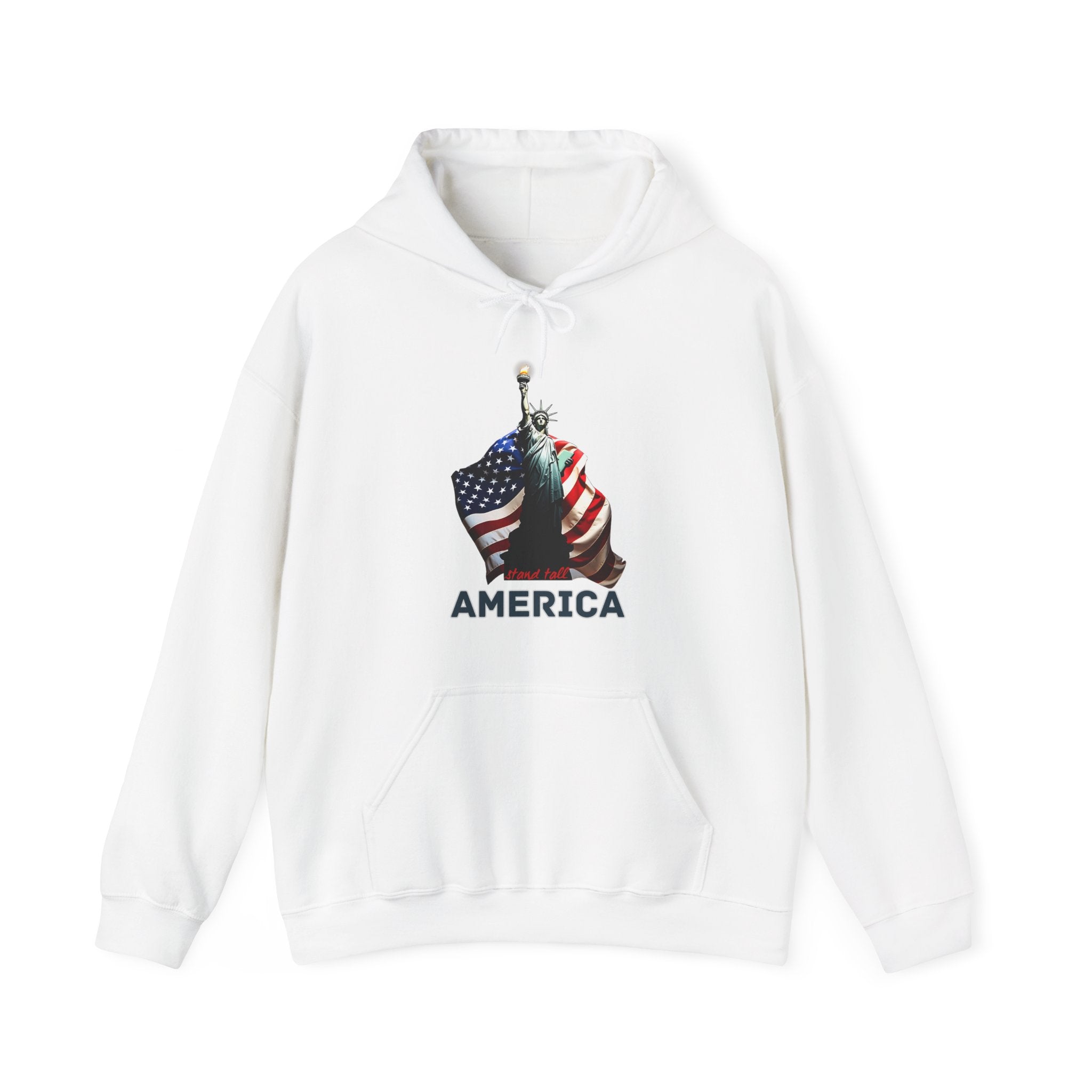 White hoodie with a graphic design of the Statue of Liberty and American flag at the back and stand tall America text on a white background