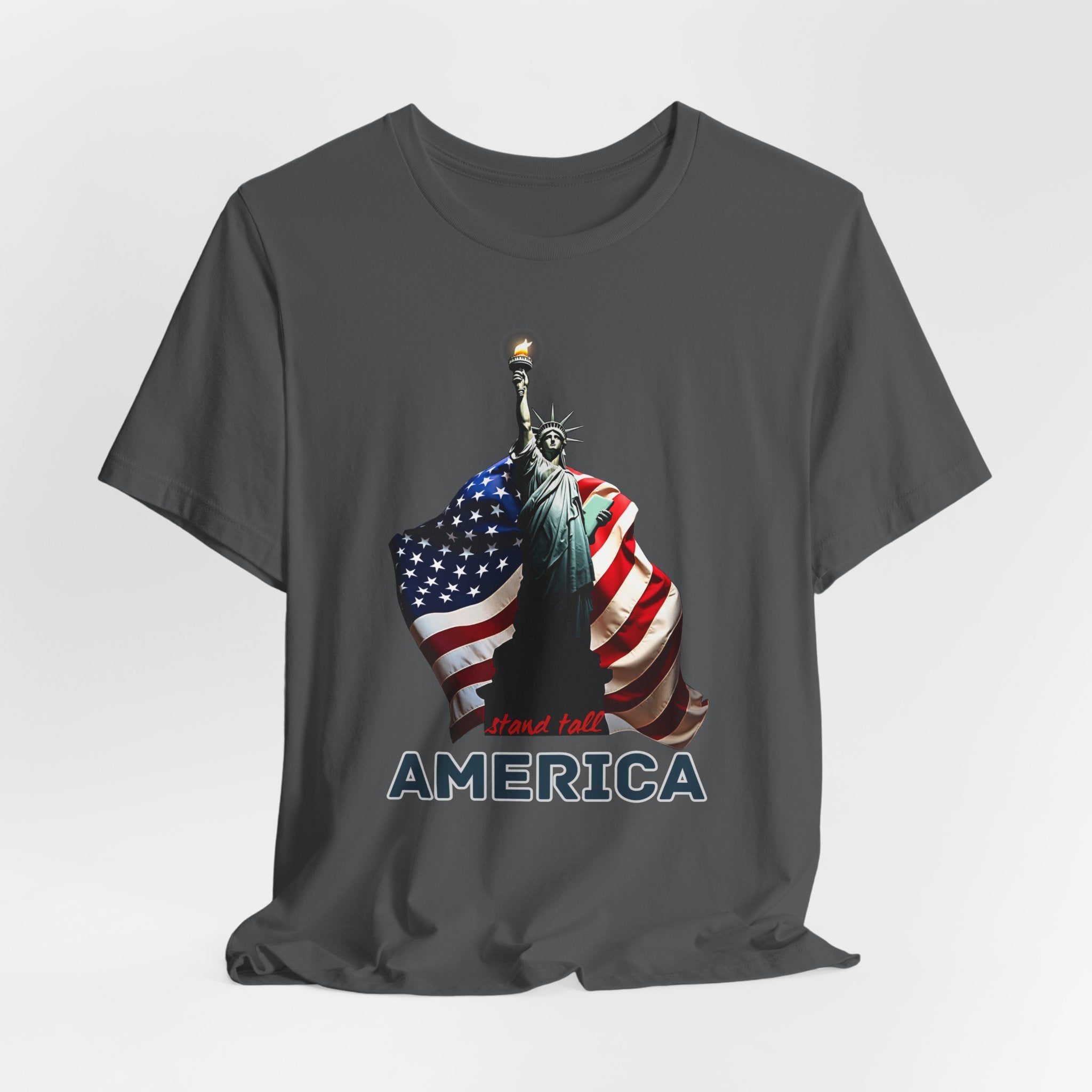 Asphalt gray t-shirt with Statue of Liberty and American flag design with stand stall America on a white background