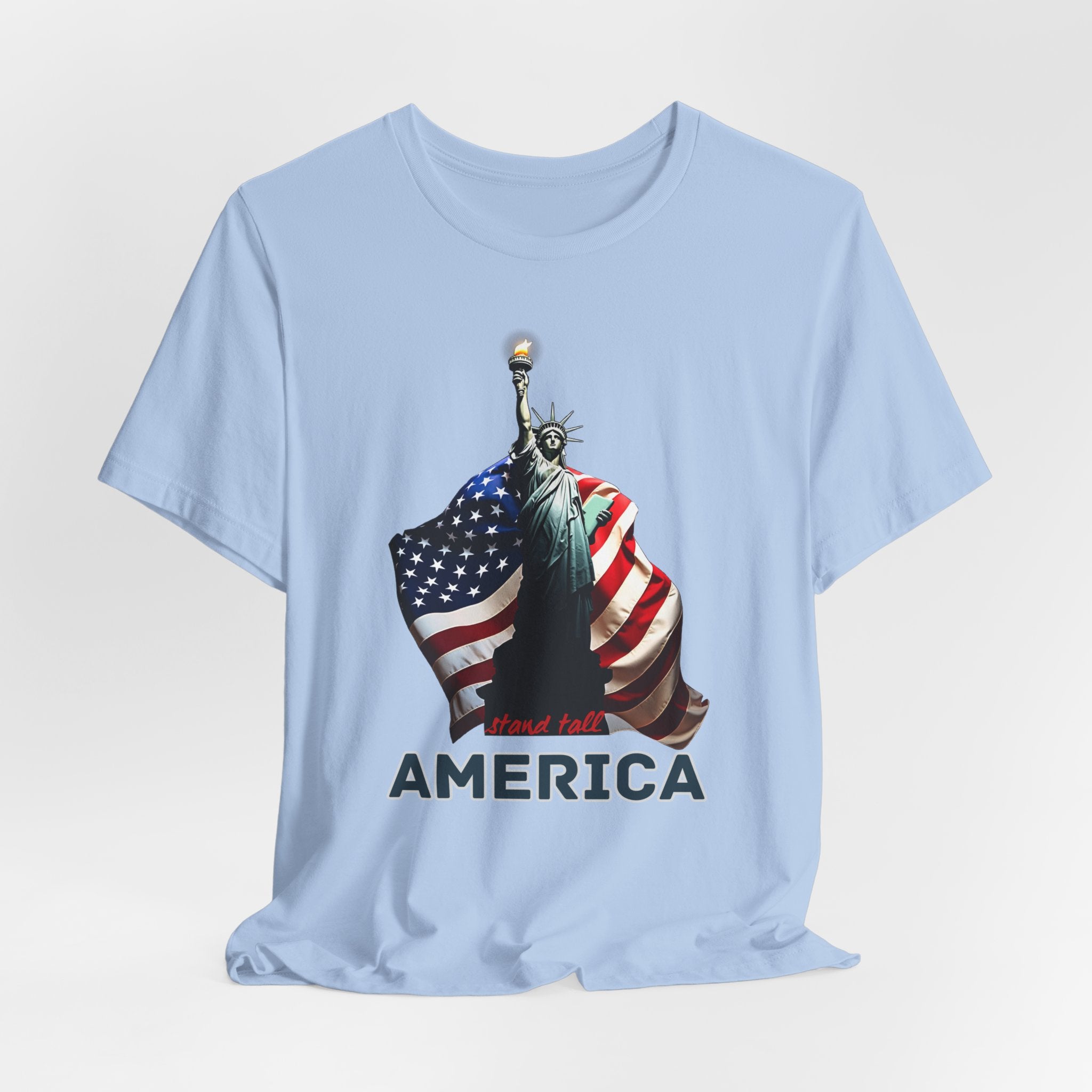 Baby light blue t-shirt with Statue of Liberty and American flag design with stand stall America on a white background